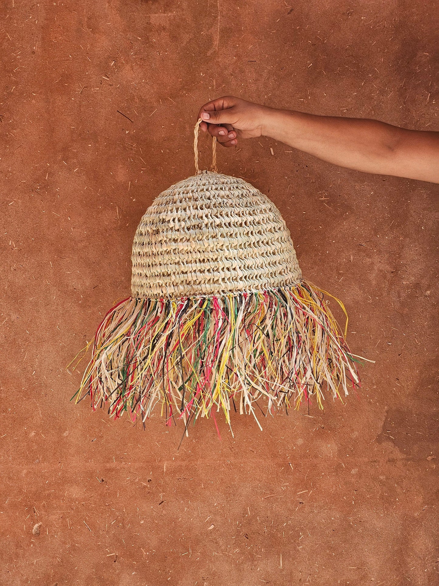 Straw Ball Pendant Light with Raffia Multicolor Fringes , Moroccan Straw Lampshade