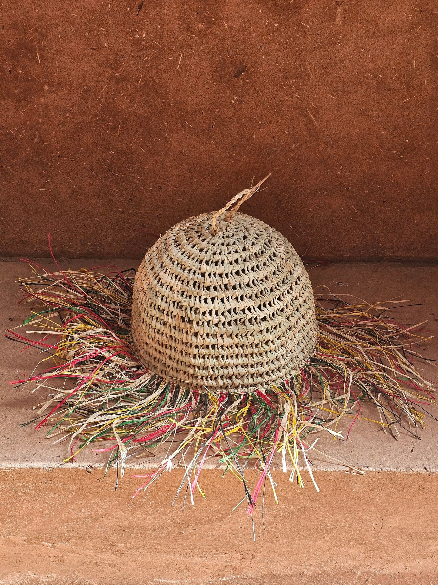 Straw Ball Pendant Light with Raffia Multicolor Fringes , Moroccan Straw Lampshade