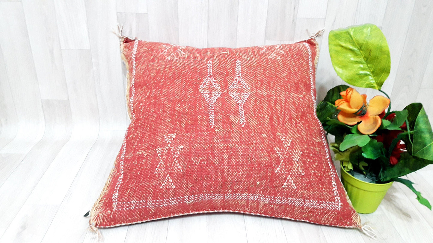 Orange Cactus Silk Pillow Cover, Moroccan Boho Throw Pillow , Hand Woven Berber Pillow, Sabra Cactus Silk Cushion,Home Decor