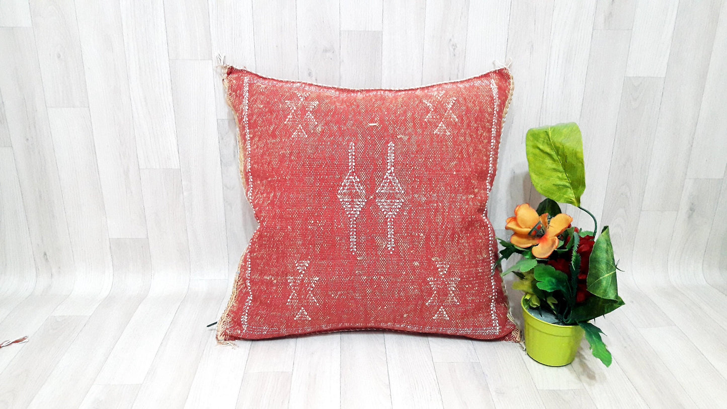 Orange Cactus Silk Pillow Cover, Moroccan Boho Throw Pillow , Hand Woven Berber Pillow, Sabra Cactus Silk Cushion,Home Decor