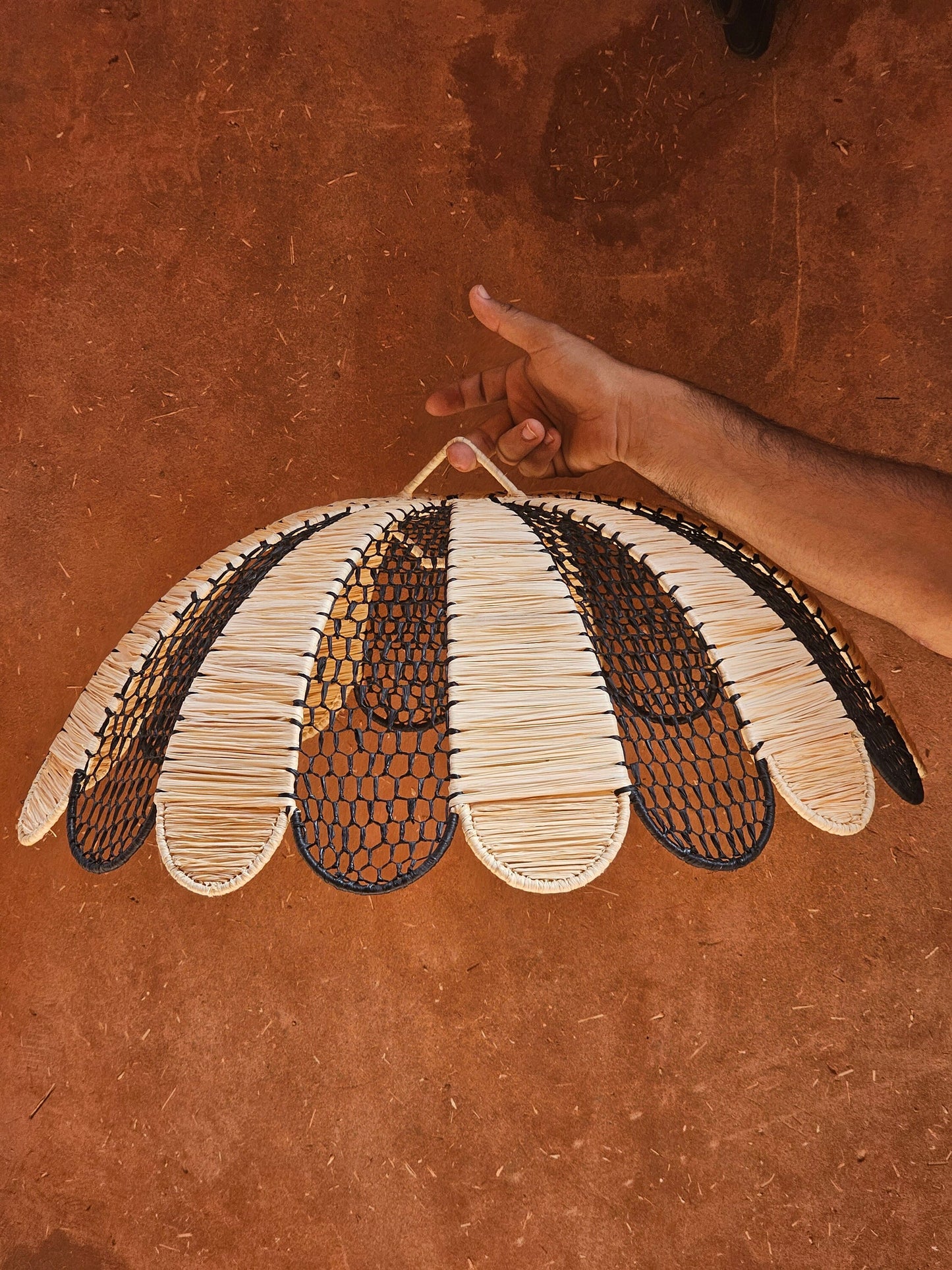 Raffia Pendant Light , Hanging Lamp Shade in Raffia Black and White