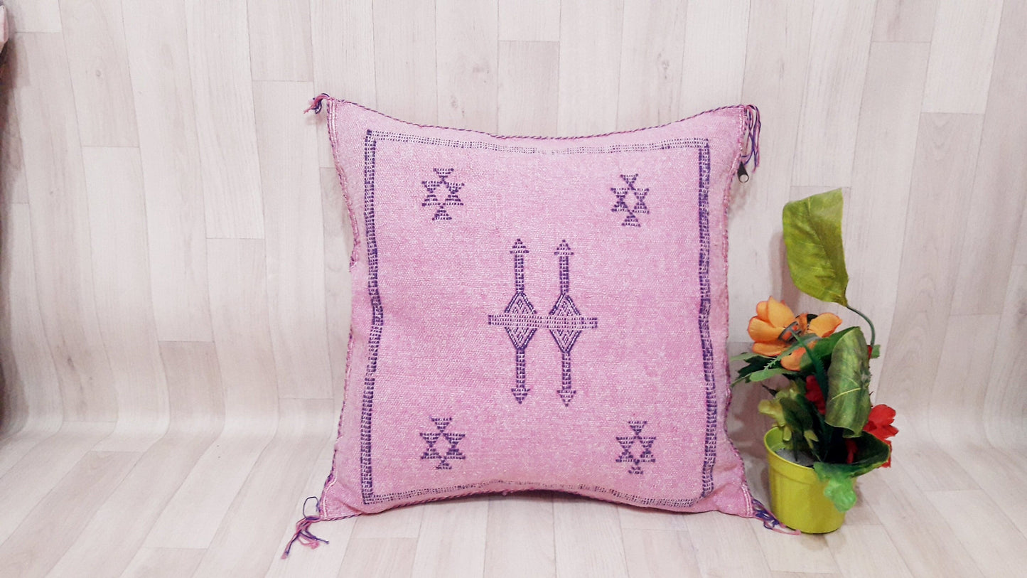 Pink Cactus Silk Pillow Cover, Moroccan Boho Throw Pillow , Hand Woven Berber Pillow, Sabra Cactus Silk Cushion,Home Decor