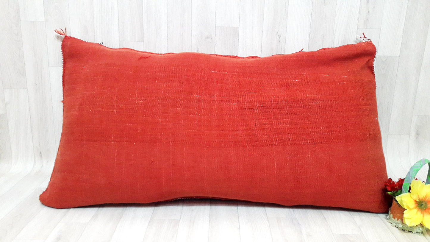 Lumbar Cactus Silk Pillow Cover -Red/Orange Sabra Pillow - Handmade Morocco Cushion-Pillow-Cushion-Decorative Pillow-Lumbar Pillow-