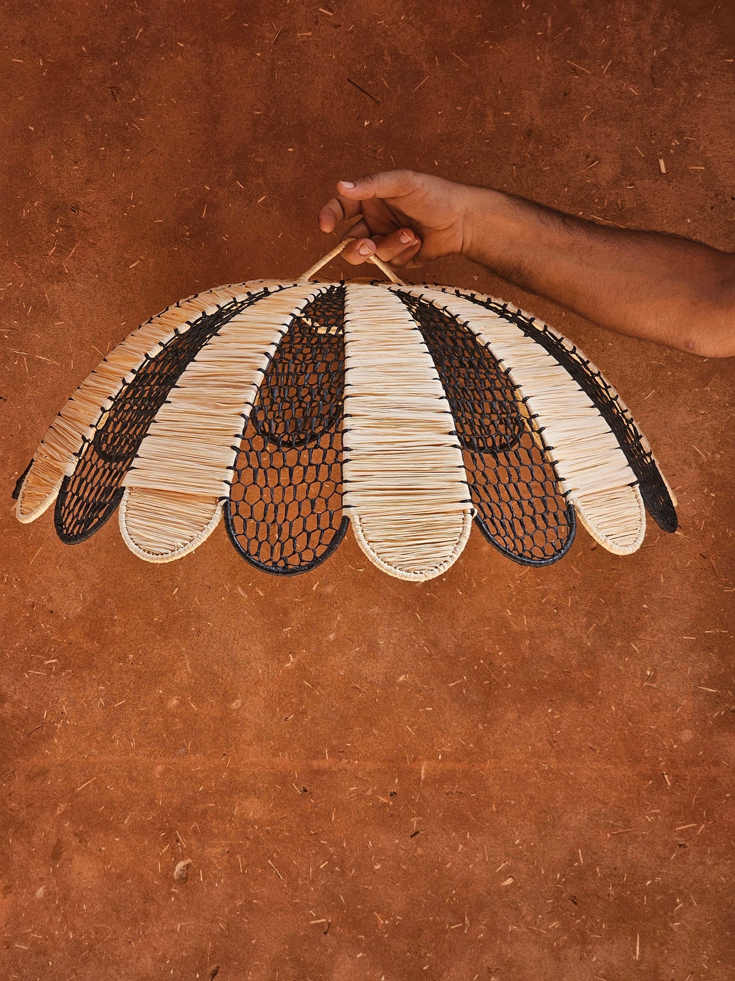 Raffia Pendant Light , Hanging Lamp Shade in Raffia Black and White