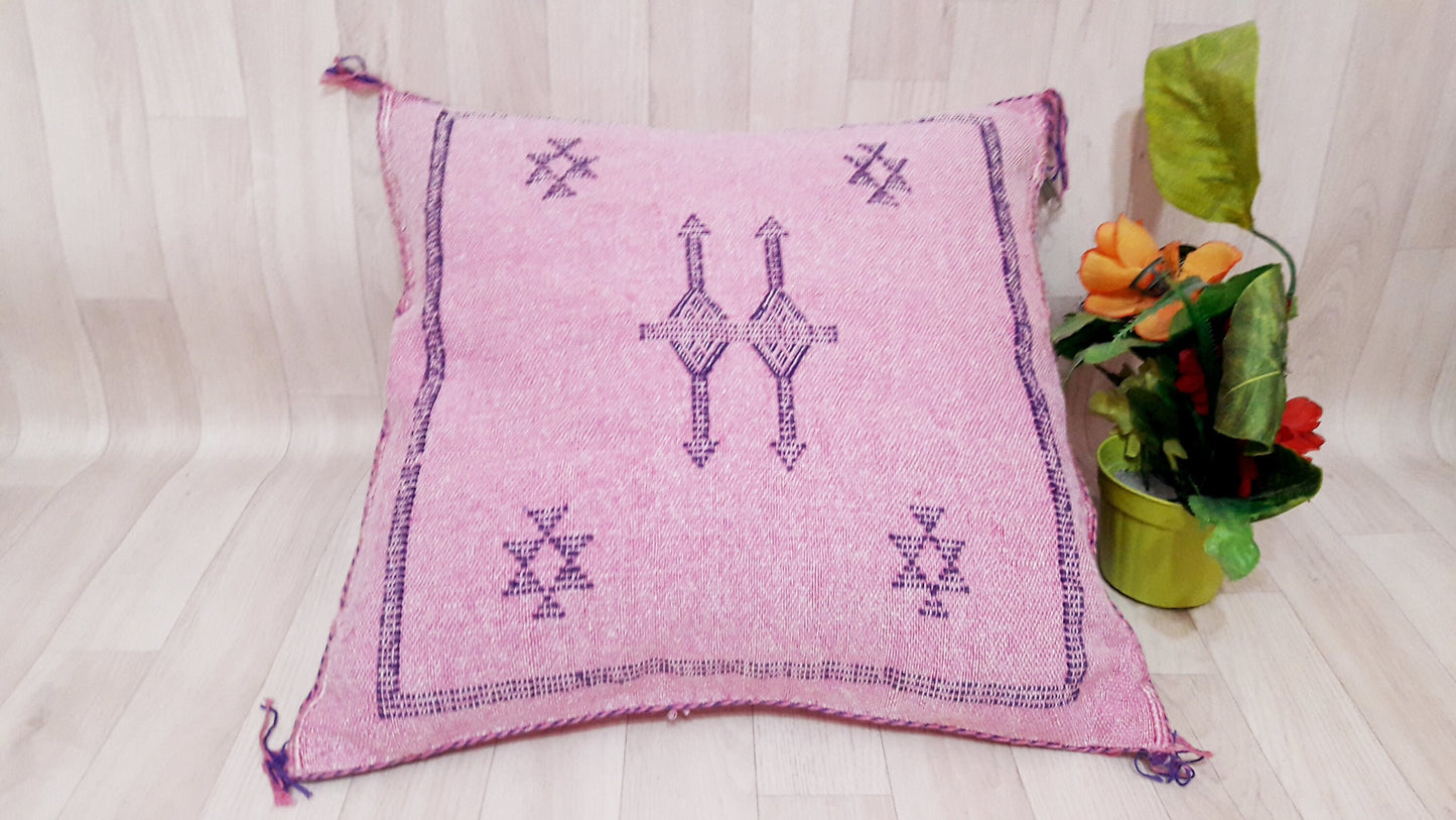 Pink Cactus Silk Pillow Cover, Moroccan Boho Throw Pillow , Hand Woven Berber Pillow, Sabra Cactus Silk Cushion,Home Decor