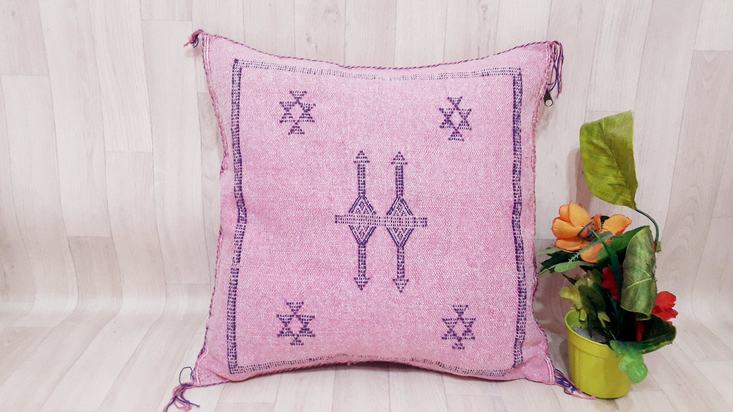 Pink Cactus Silk Pillow Cover, Moroccan Boho Throw Pillow , Hand Woven Berber Pillow, Sabra Cactus Silk Cushion,Home Decor