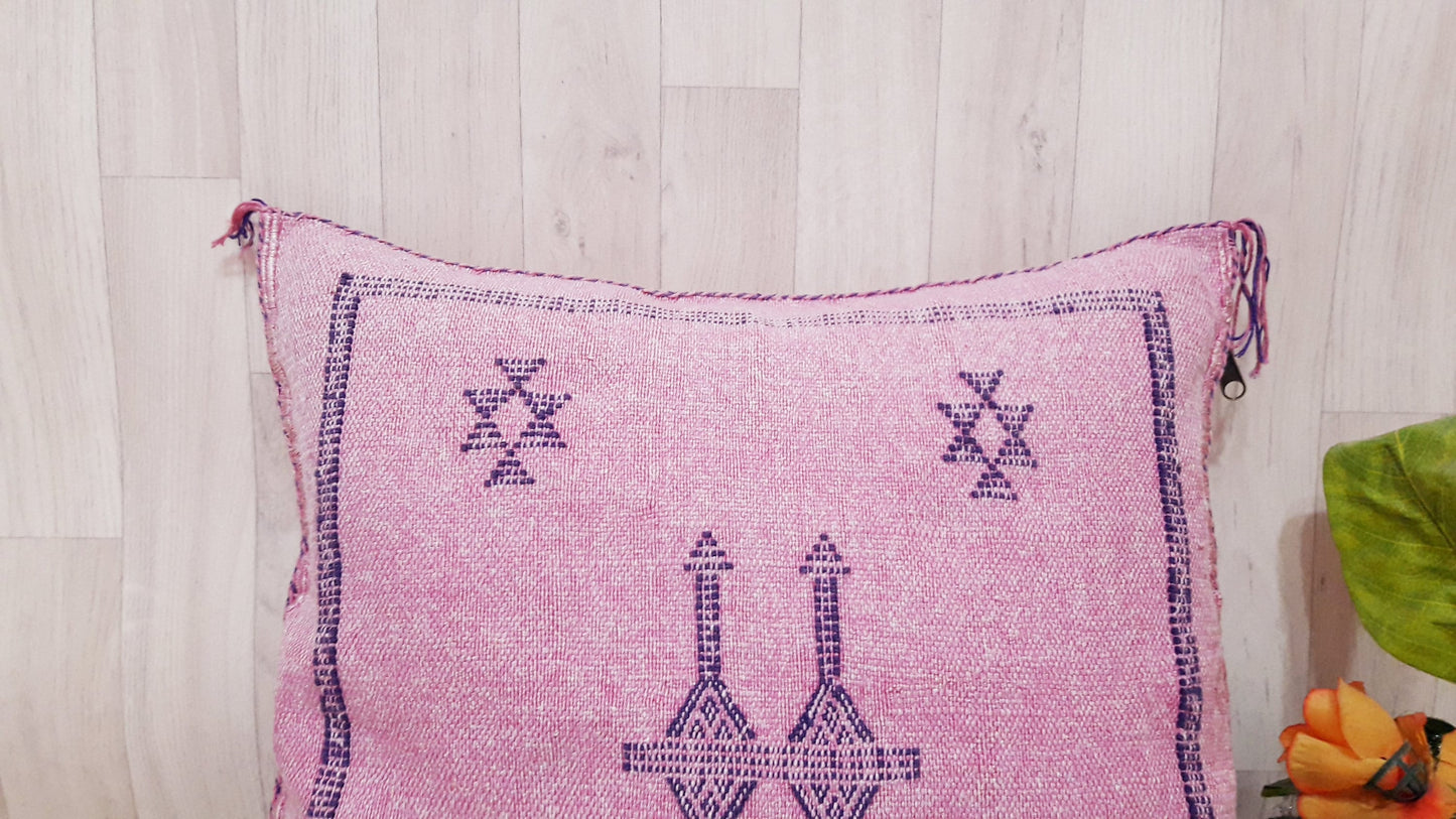 Pink Cactus Silk Pillow Cover, Moroccan Boho Throw Pillow , Hand Woven Berber Pillow, Sabra Cactus Silk Cushion,Home Decor