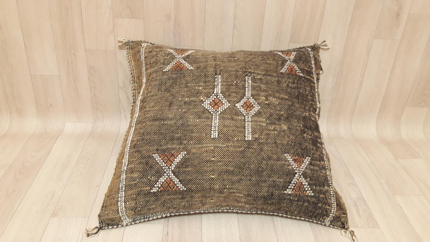 Brown Cactus Silk Pillow Cover, Moroccan Boho Throw Pillow , Morocco Handmade Pillow, Sabra Cactus Silk Cushion,Home Decor