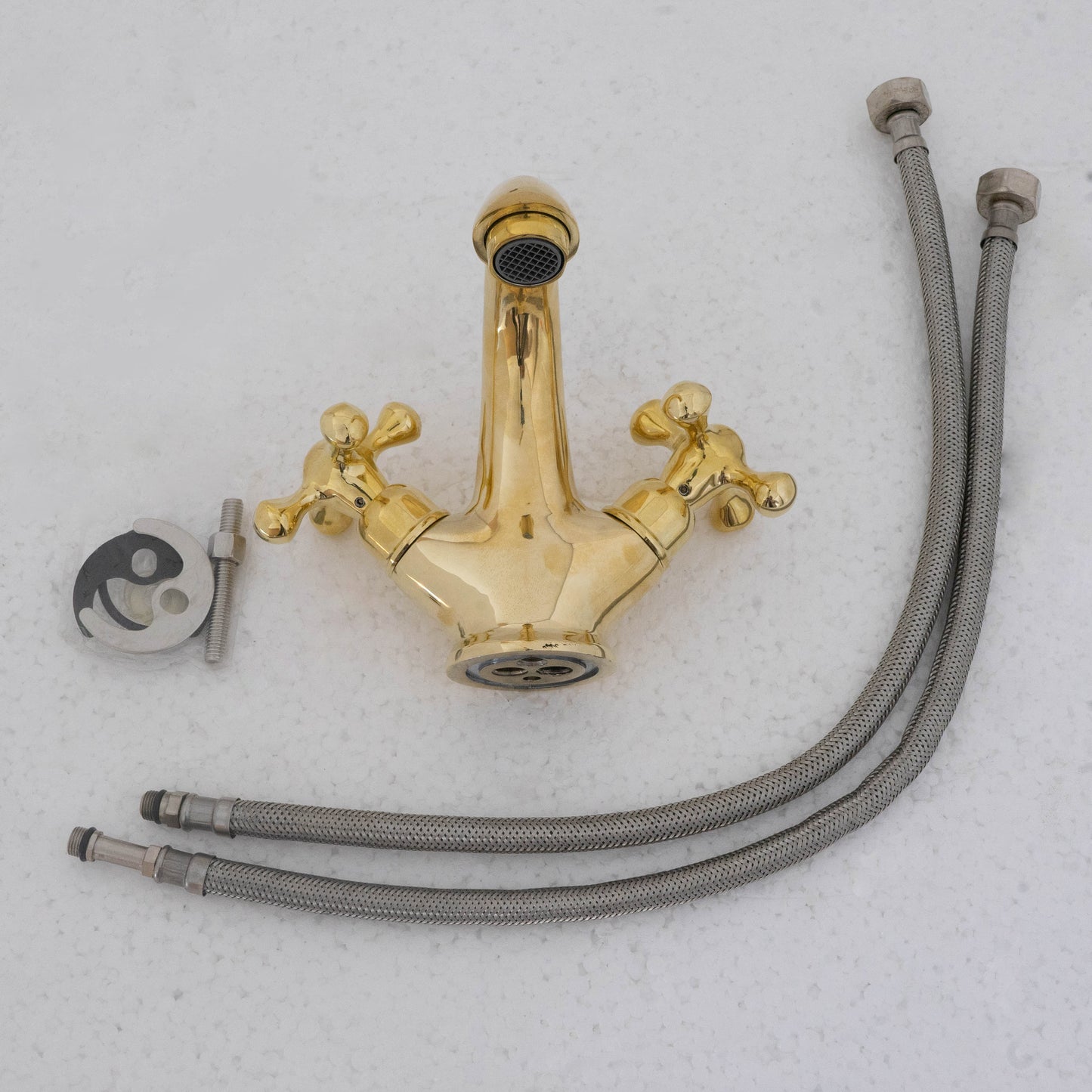 Single-Hole Unlacquered Brass Bathroom Sink Vanity Faucet with Double Simple Cross Handles