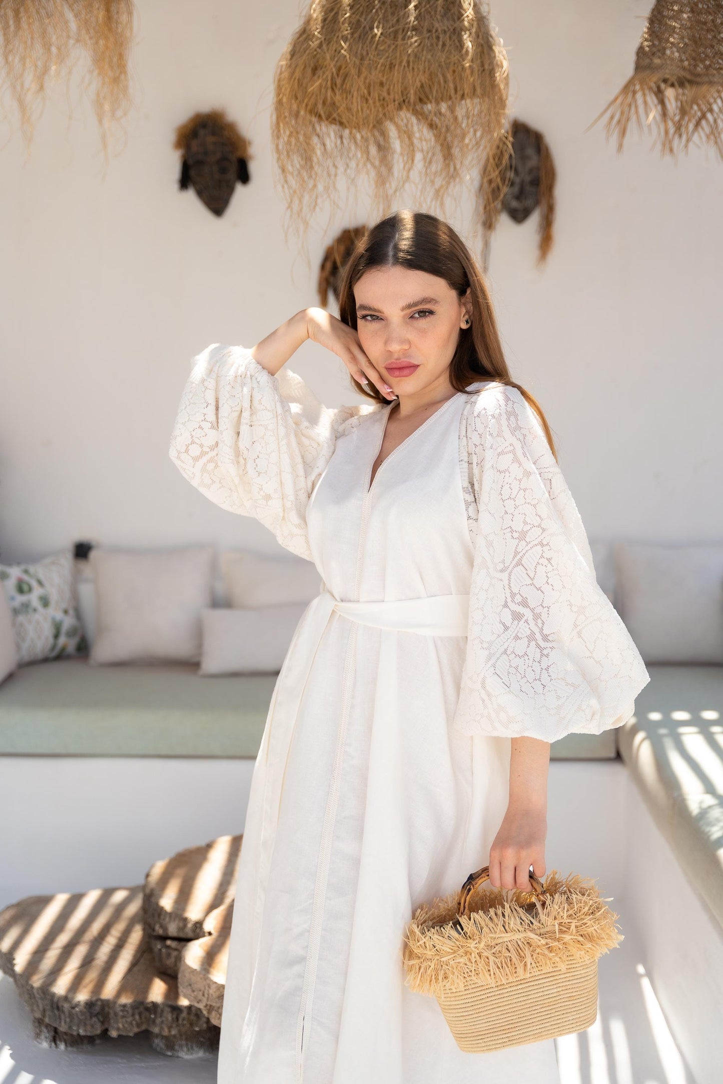 Linen Dress, Women Summer Dress, Maxi Creamy Dress, Vyshyvanka Dress, Boho Chic Kaftan