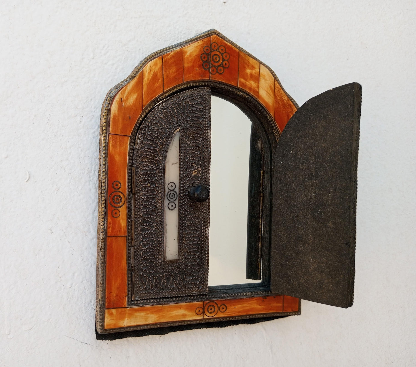 Small Handmade Moroccan Bone Mirror with Small Decorative Doors - Warm-Toned Frame