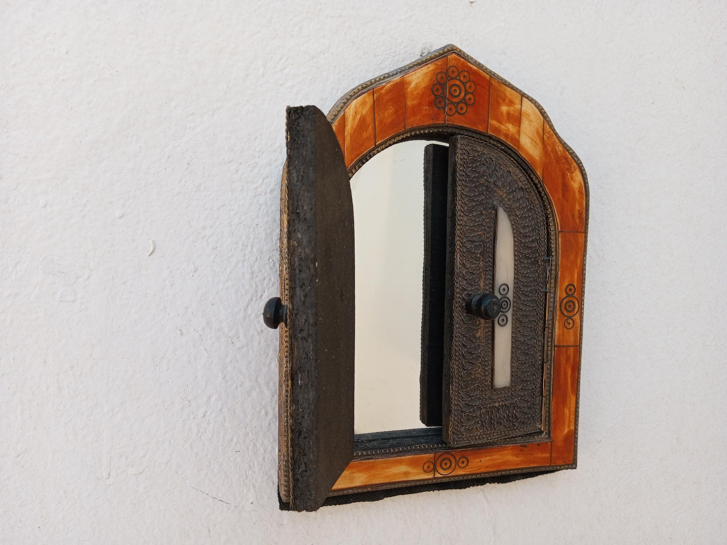 Small Handmade Moroccan Bone Mirror with Small Decorative Doors - Warm-Toned Frame