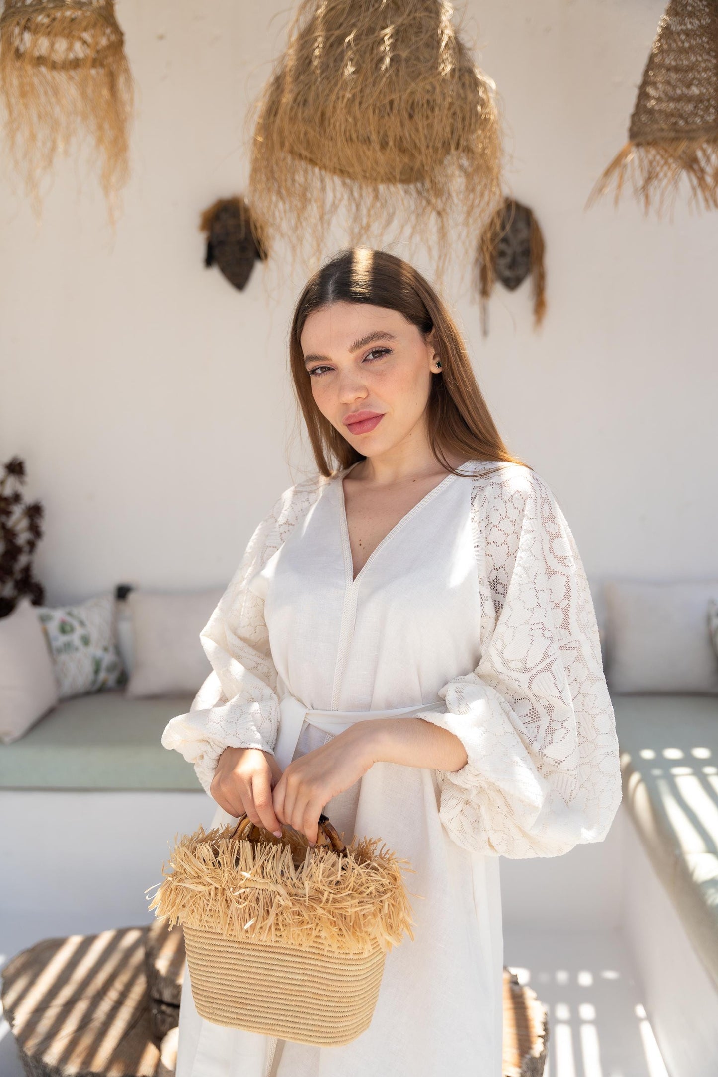 Linen Dress, Women Summer Dress, Maxi Creamy Dress, Vyshyvanka Dress, Boho Chic Kaftan