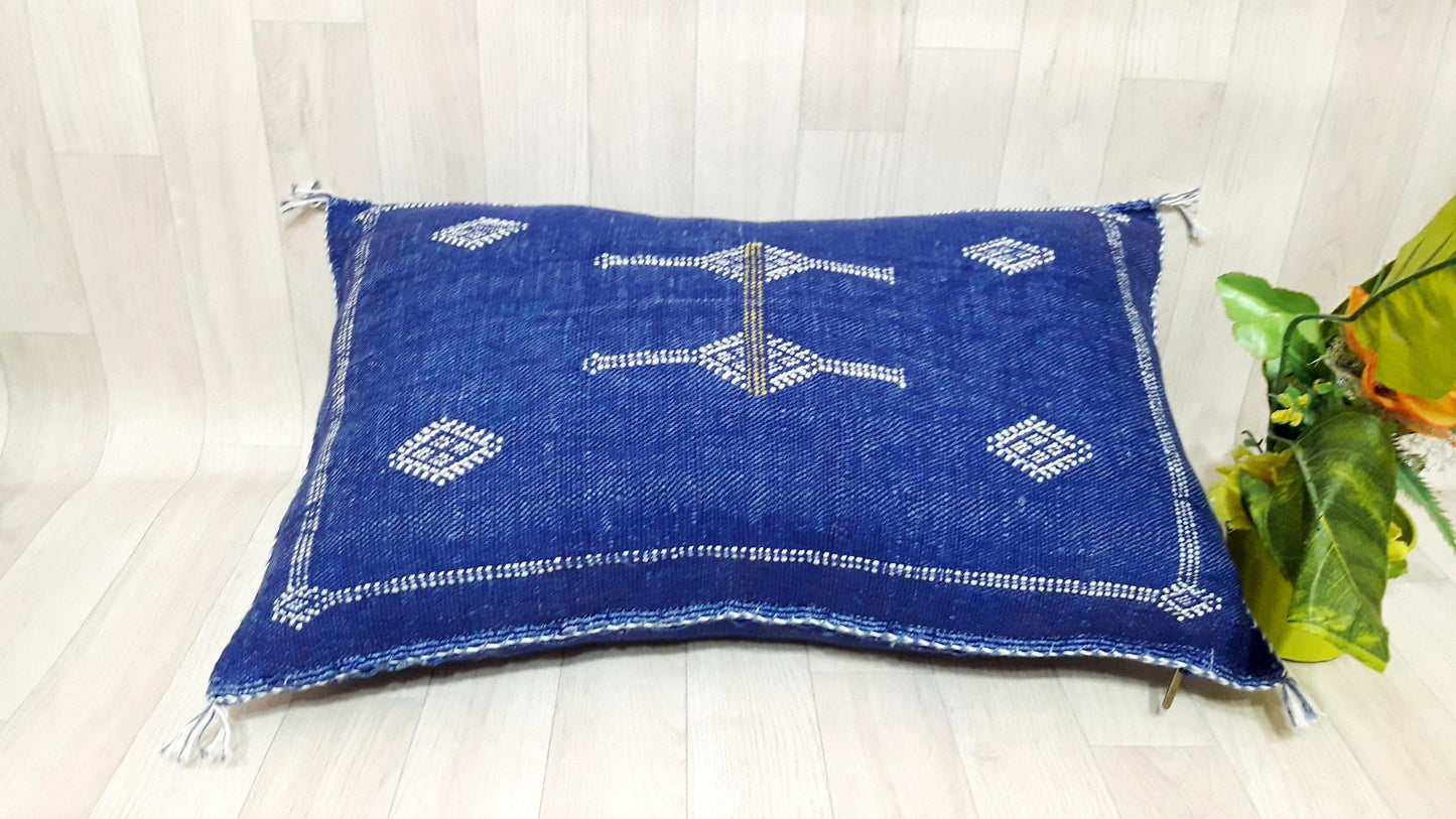 Blue Color Cactus Silk Pillow Cover, Moroccan Boho Throw Pillow ,Hand Woven Berber Pillow, Sabra Cactus Silk Cushion Cover,Pillow,Cushion
