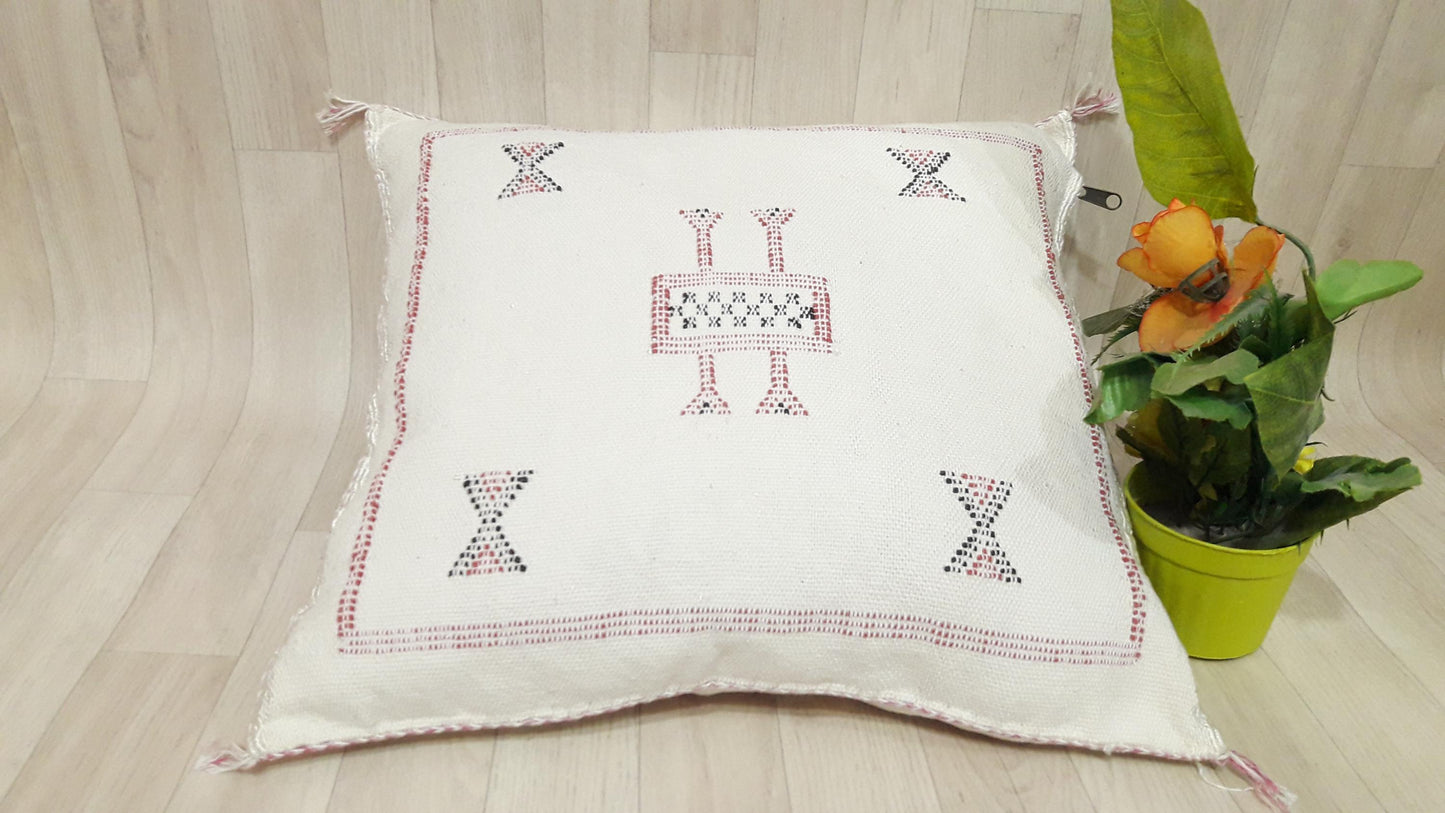Cactus Silk Cushion Cover - White Sabra Pillow - Handmade Morocco Cushion