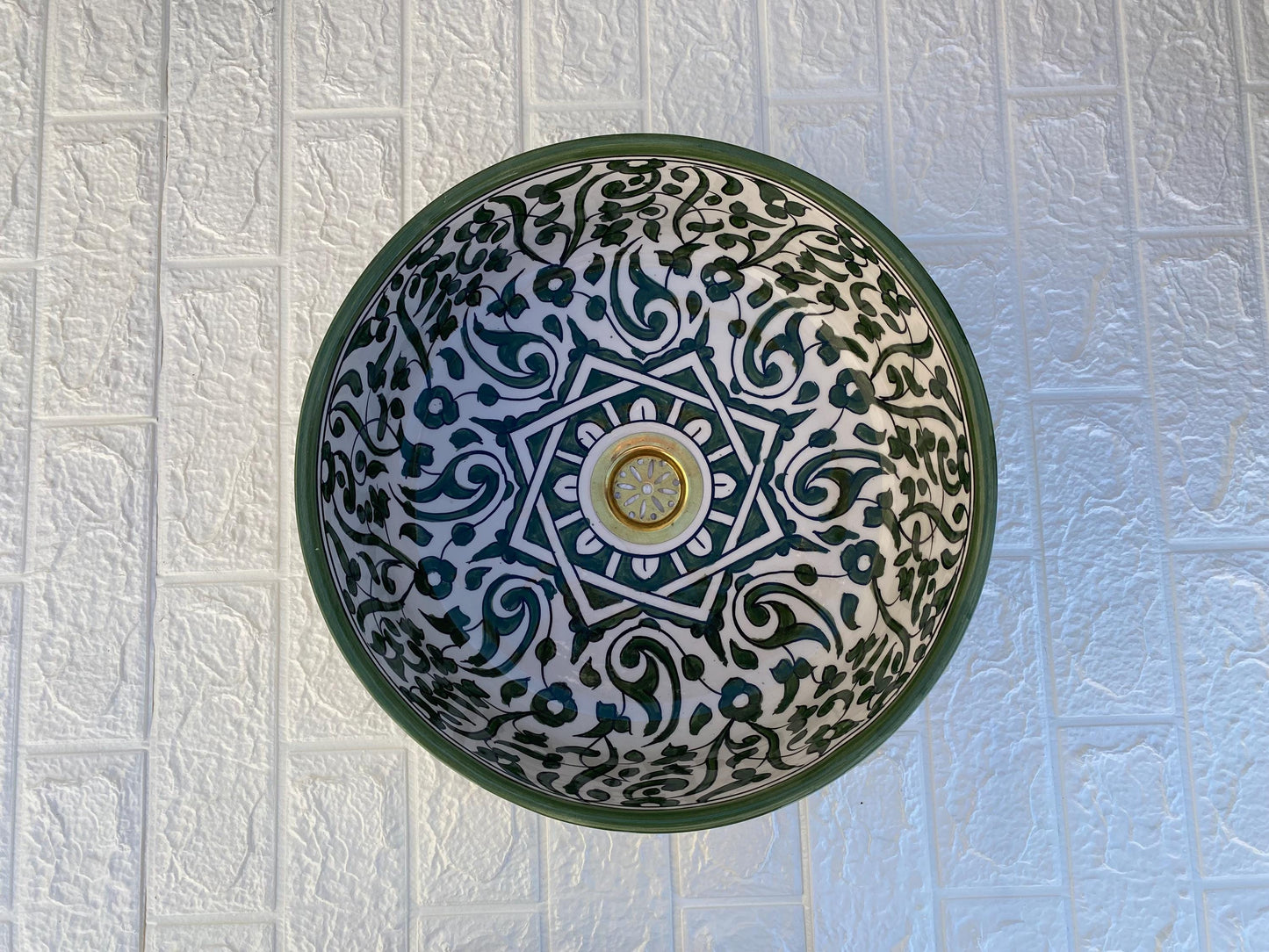 Green Handmade Ceramic Sink -FREE Brass Faucet & More Gifts- Moroccan Bathroom Washbasin- Bathroom Vanity Centerpiece for Eco-Friendly Decor