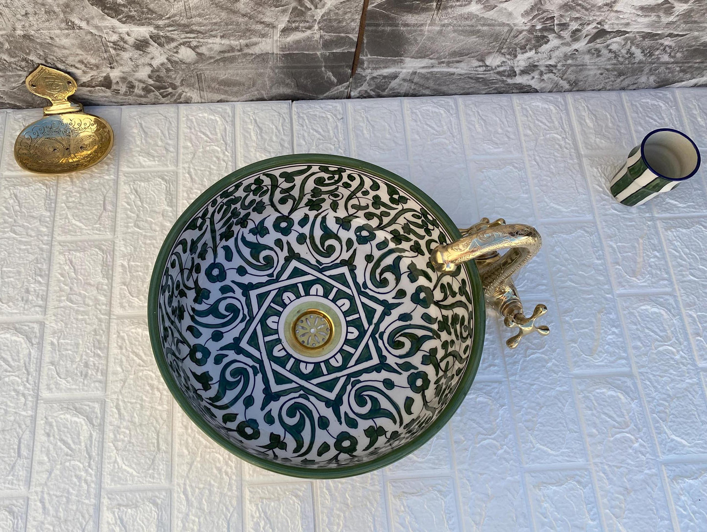 Green Handmade Ceramic Sink -FREE Brass Faucet & More Gifts- Moroccan Bathroom Washbasin- Bathroom Vanity Centerpiece for Eco-Friendly Decor