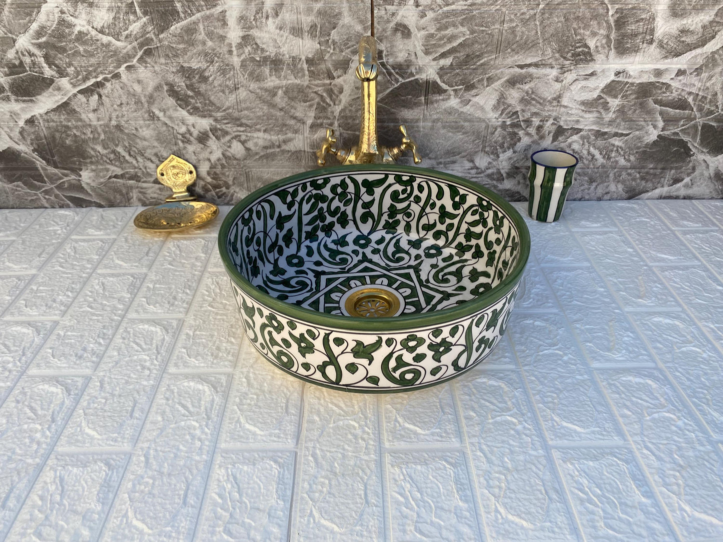 Green Handmade Ceramic Sink -FREE Brass Faucet & More Gifts- Moroccan Bathroom Washbasin- Bathroom Vanity Centerpiece for Eco-Friendly Decor