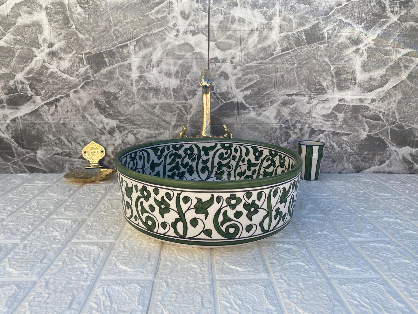 Green Handmade Ceramic Sink -FREE Brass Faucet & More Gifts- Moroccan Bathroom Washbasin- Bathroom Vanity Centerpiece for Eco-Friendly Decor
