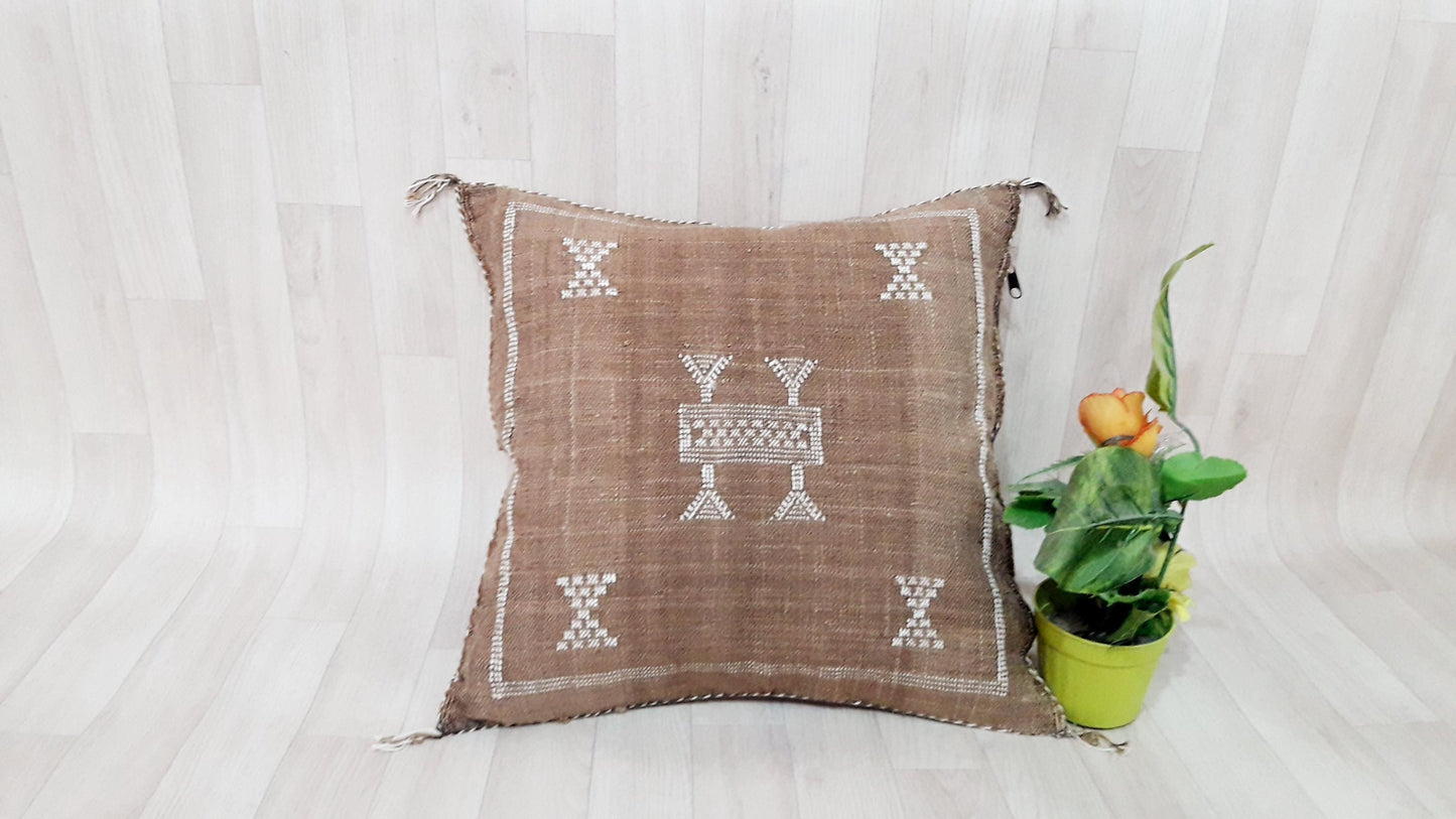 Brown Cactus Silk Pillow Cover, Moroccan Boho Throw Pillow , Morocco Handmade Pillow, Sabra Cactus Silk Cushion,Home Decor