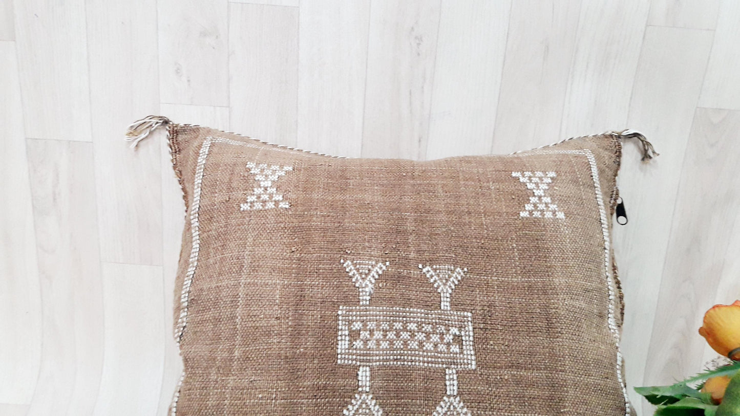 Brown Cactus Silk Pillow Cover, Moroccan Boho Throw Pillow , Morocco Handmade Pillow, Sabra Cactus Silk Cushion,Home Decor