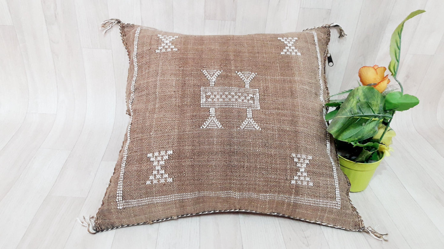 Brown Cactus Silk Pillow Cover, Moroccan Boho Throw Pillow , Morocco Handmade Pillow, Sabra Cactus Silk Cushion,Home Decor
