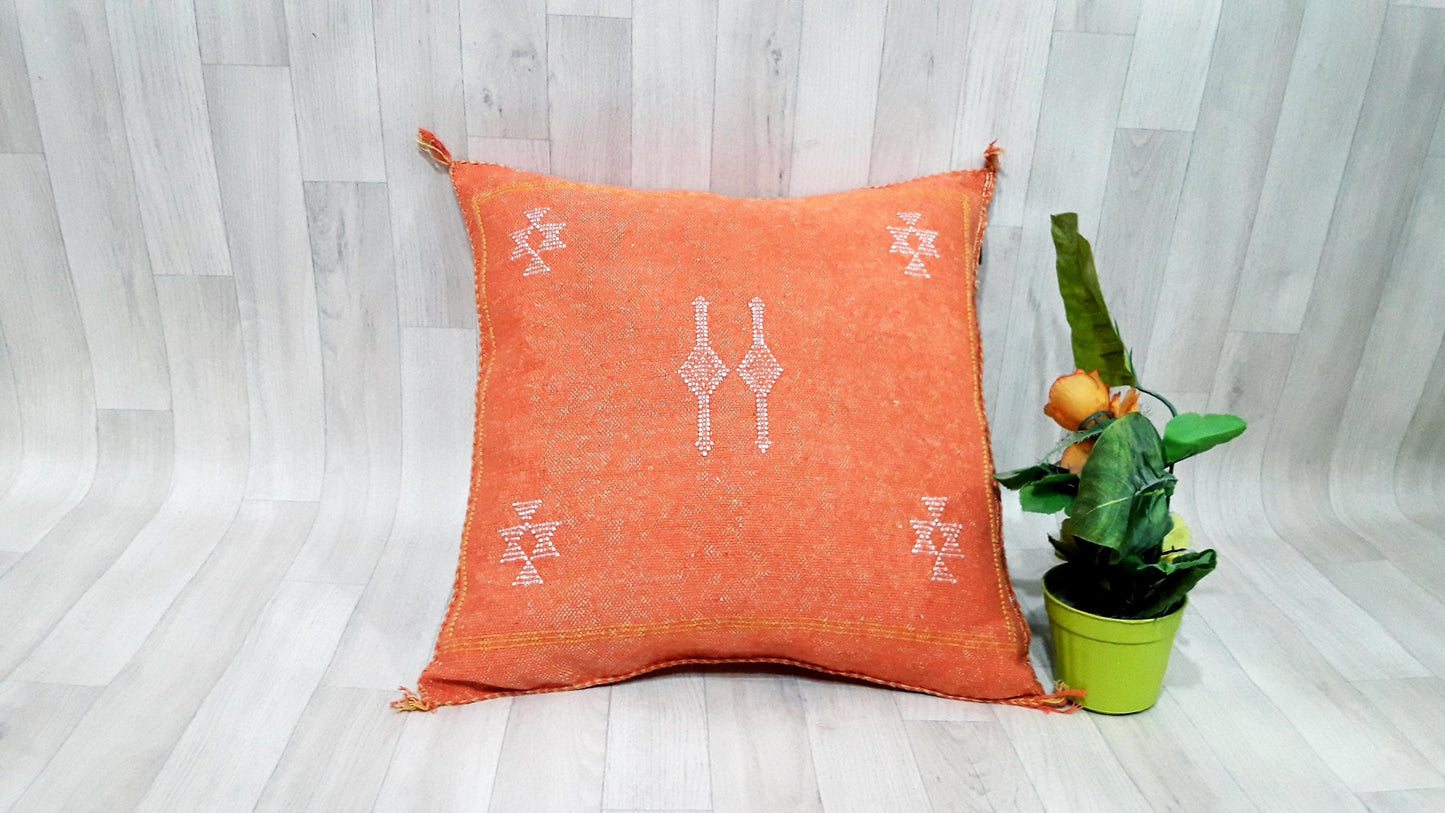 Orange Cactus Silk Pillow Cover, Moroccan Boho Throw Pillow , Hand Woven Berber Pillow, Sabra Cactus Silk Cushion Cover,Pillow,Cushion
