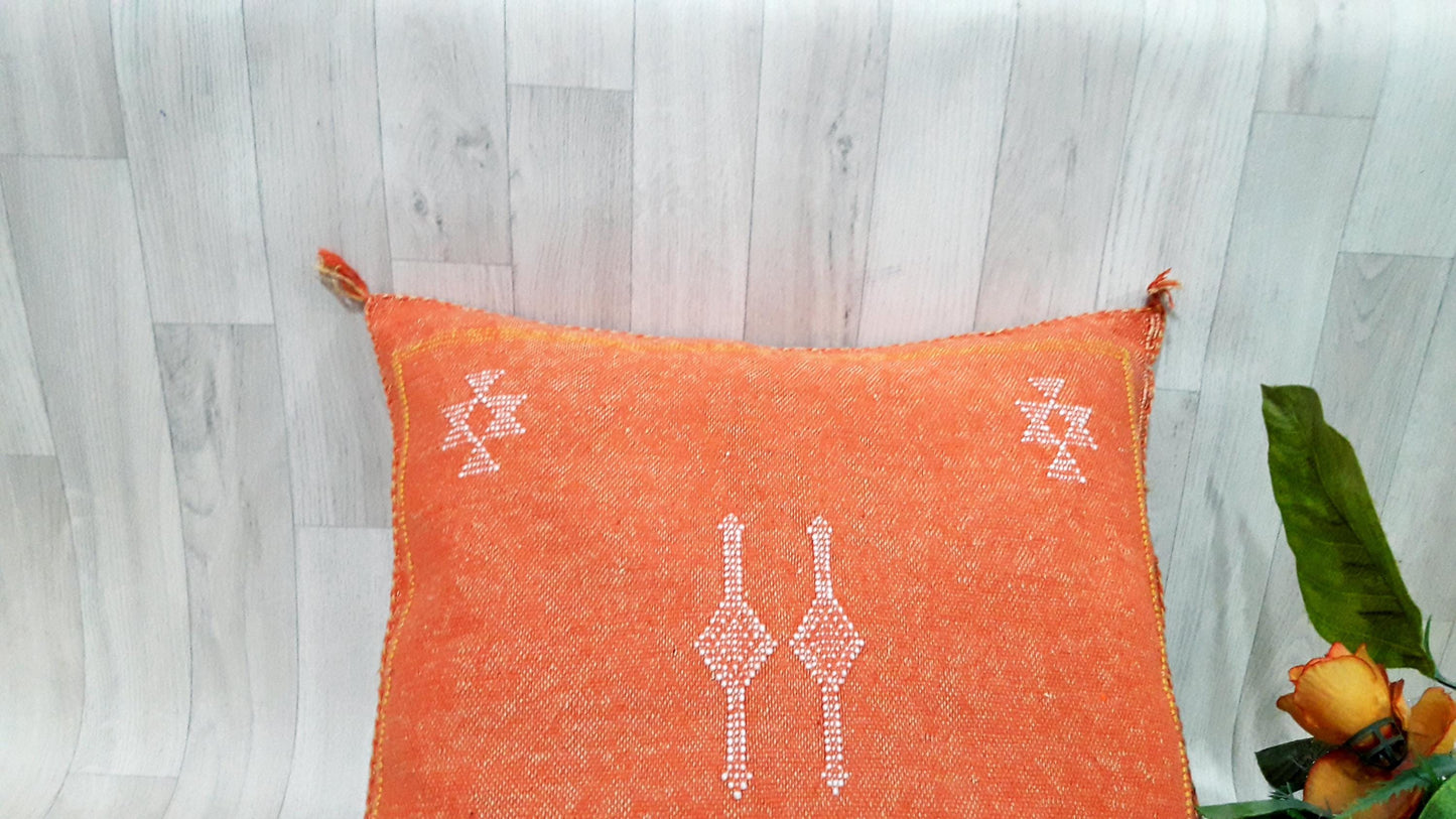 Orange Cactus Silk Pillow Cover, Moroccan Boho Throw Pillow , Hand Woven Berber Pillow, Sabra Cactus Silk Cushion Cover,Pillow,Cushion
