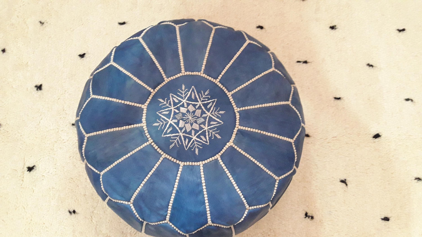 Boho Moroccan Blue POUF with White Stitching,Leather Pouf,Ottoman Pouf, Morrocan Pouf, Morocco Pouf, Ottoman Unstuffed Moroccan Ottoman