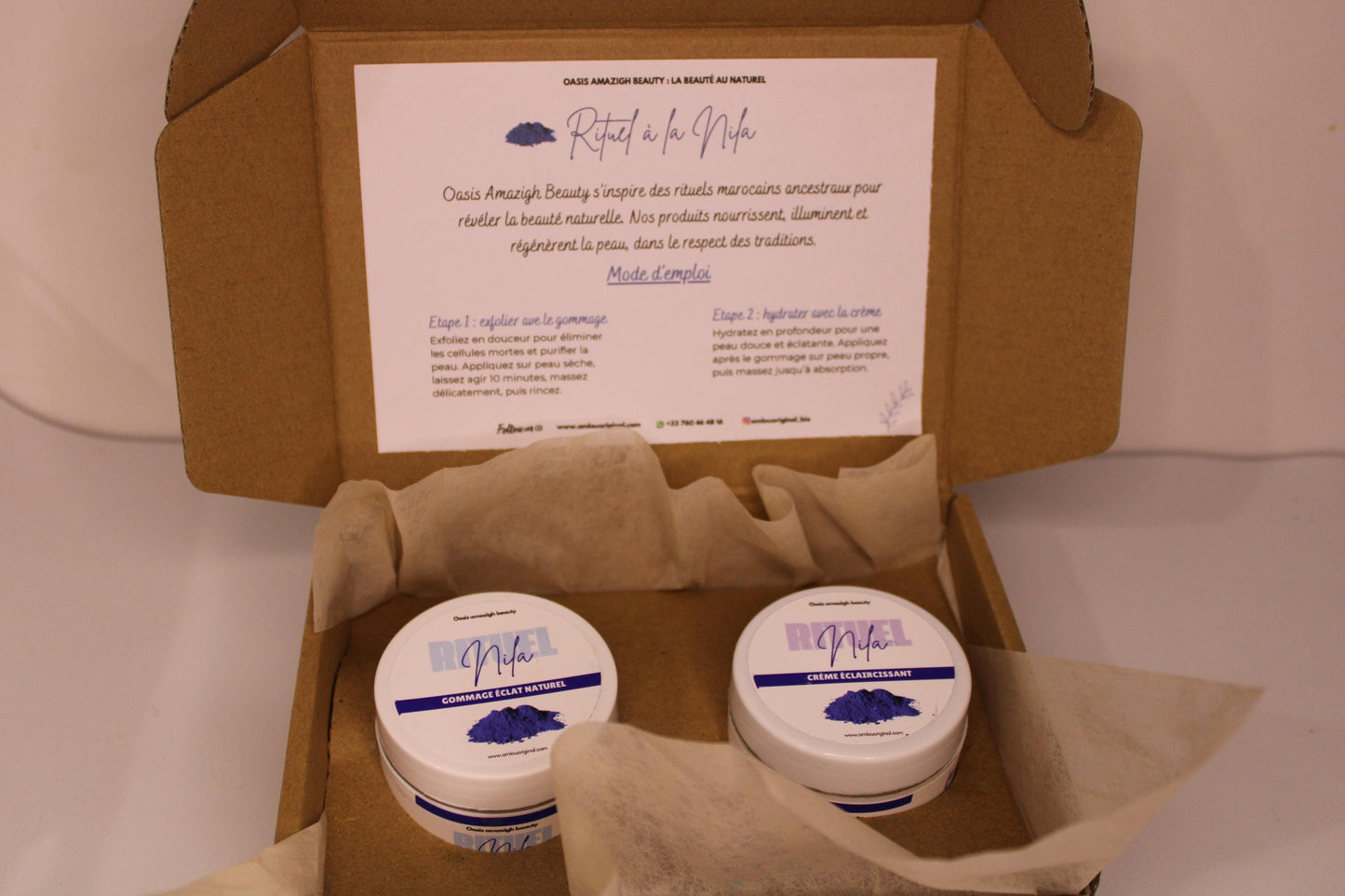 Nila Ritual Box Organic Cream and Scrub for Bright and Hydrated Skin Based on Natural Products, Produced in Morocco
