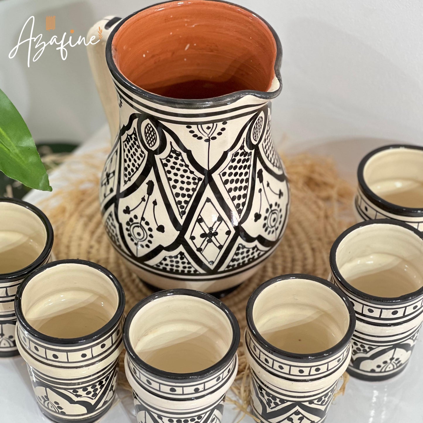 Moroccan Handmade Carafe Set - Handmade Ceramic Drink Set - Ceramic Pitcher & Cups with Traditional Moroccan Motifs - 50Oz Artisan Carafe