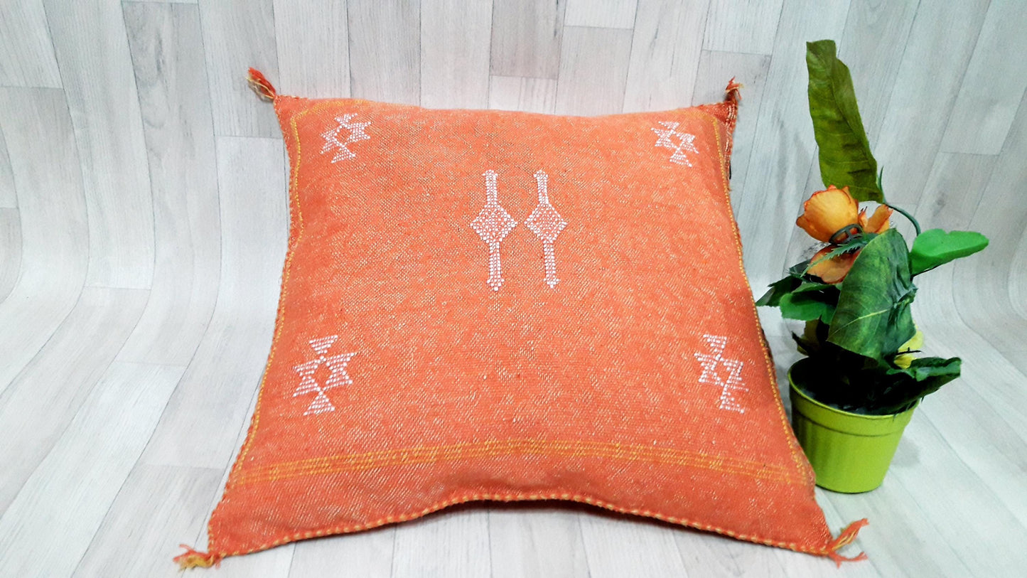 Orange Cactus Silk Pillow Cover, Moroccan Boho Throw Pillow , Hand Woven Berber Pillow, Sabra Cactus Silk Cushion Cover,Pillow,Cushion