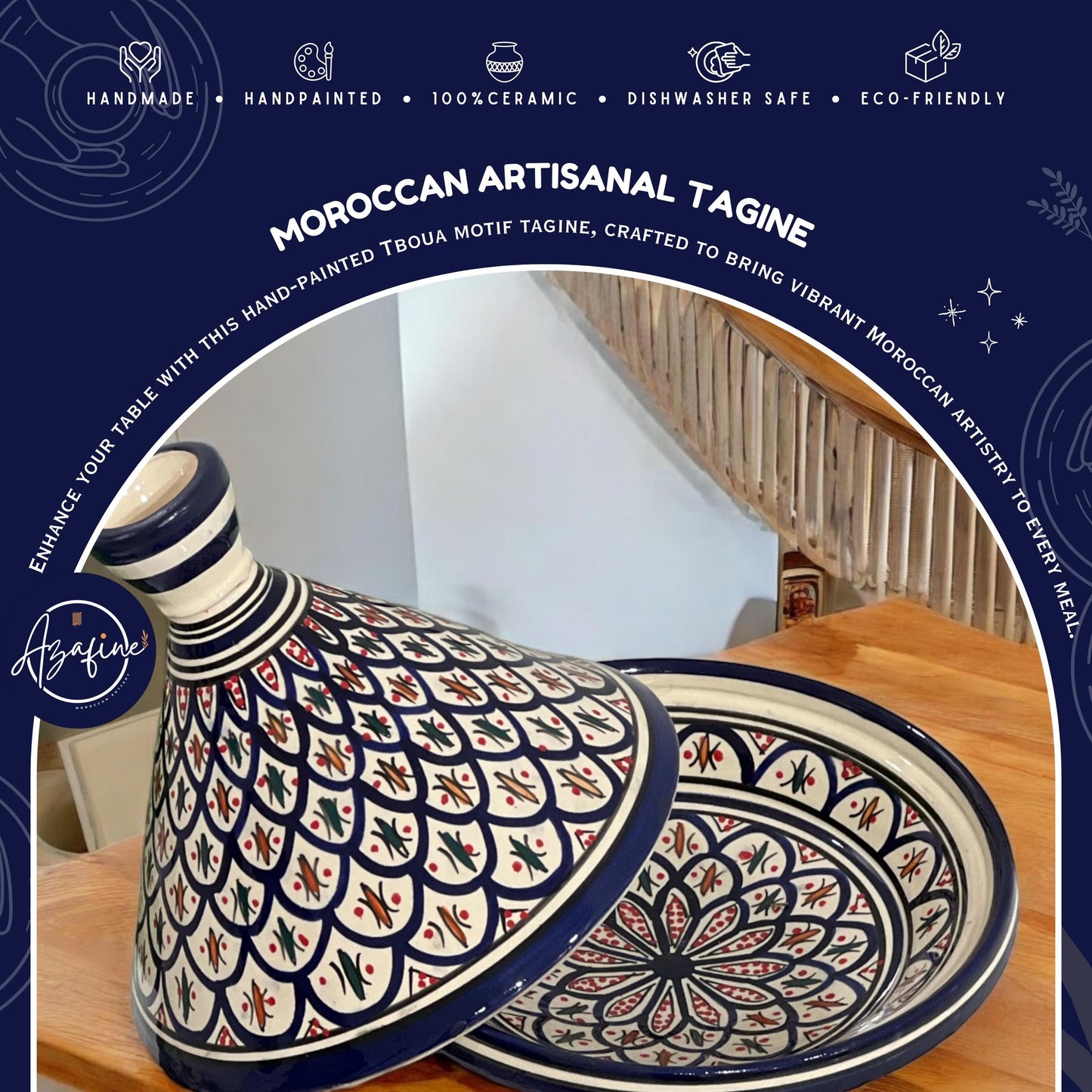 Moroccan Ceramic Tagine Pot, Cooking & Serving Tagine, Hand-Painted Tagine, Lead-Free Cookware, Non-Stick, Handmade Ceramic Pot