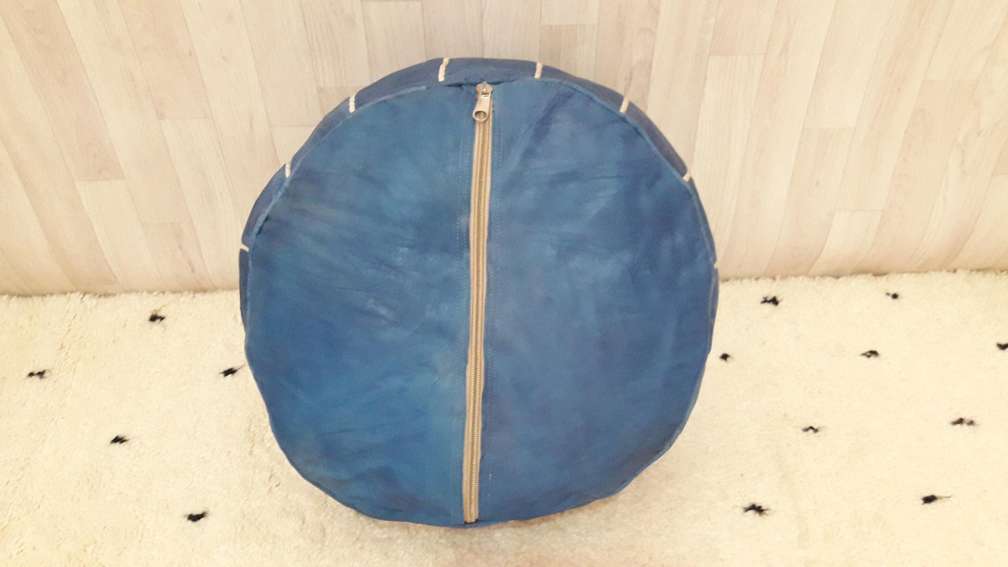 Boho Moroccan Blue POUF with White Stitching,Leather Pouf,Ottoman Pouf, Morrocan Pouf, Morocco Pouf, Ottoman Unstuffed Moroccan Ottoman
