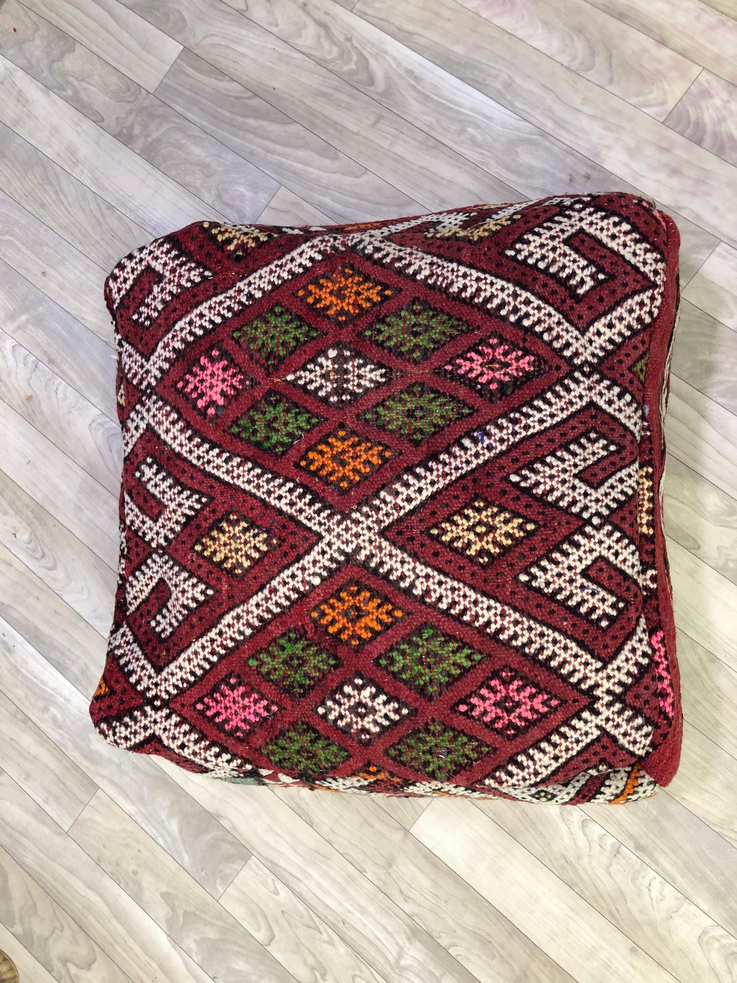 Moroccan Kilim Pouf,Moroccan Floor Cushions, Red Moroccan Kilim Pouf, Vintage Floor Pillow