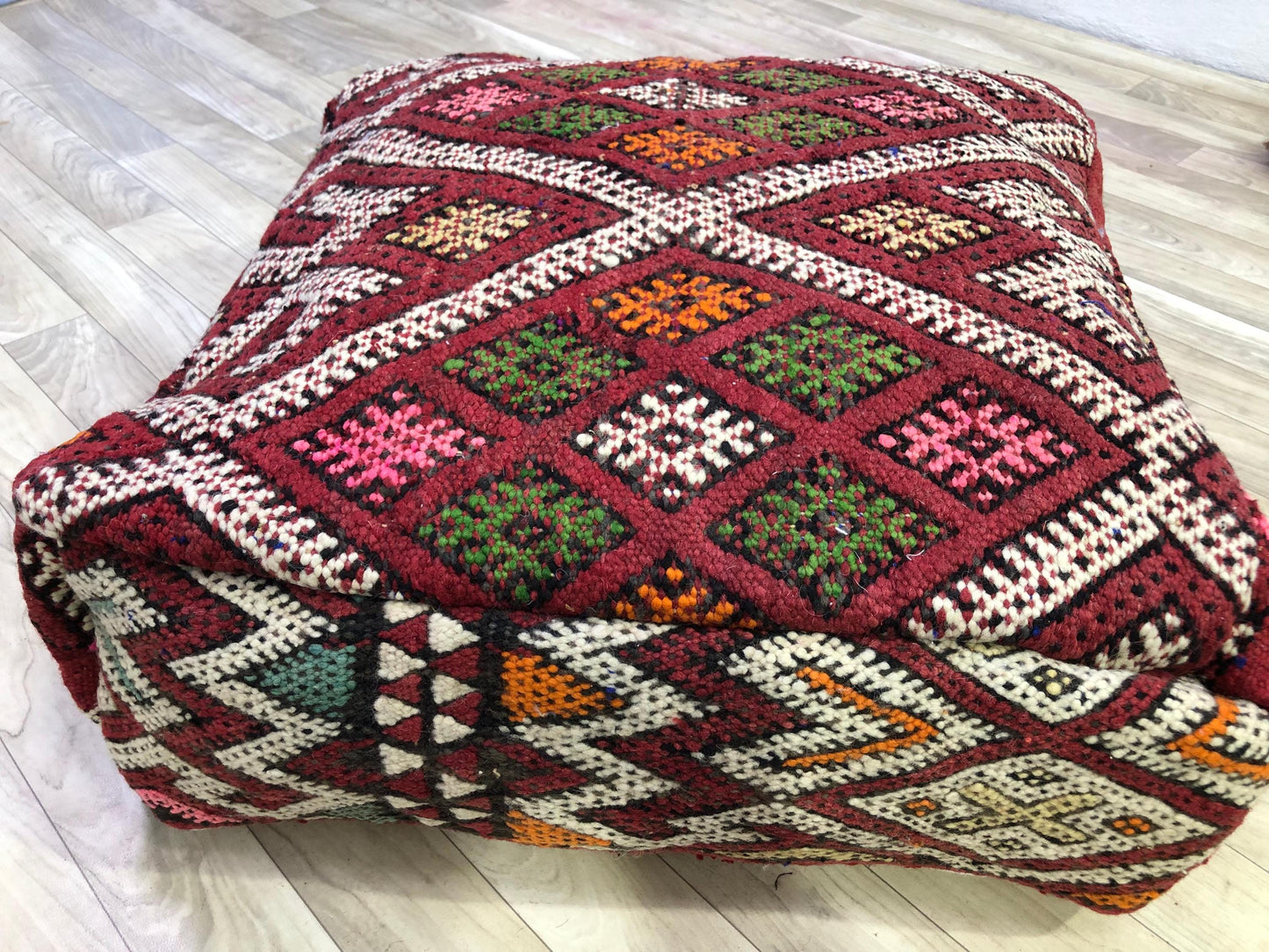 Moroccan Kilim Pouf,Moroccan Floor Cushions, Red Moroccan Kilim Pouf, Vintage Floor Pillow