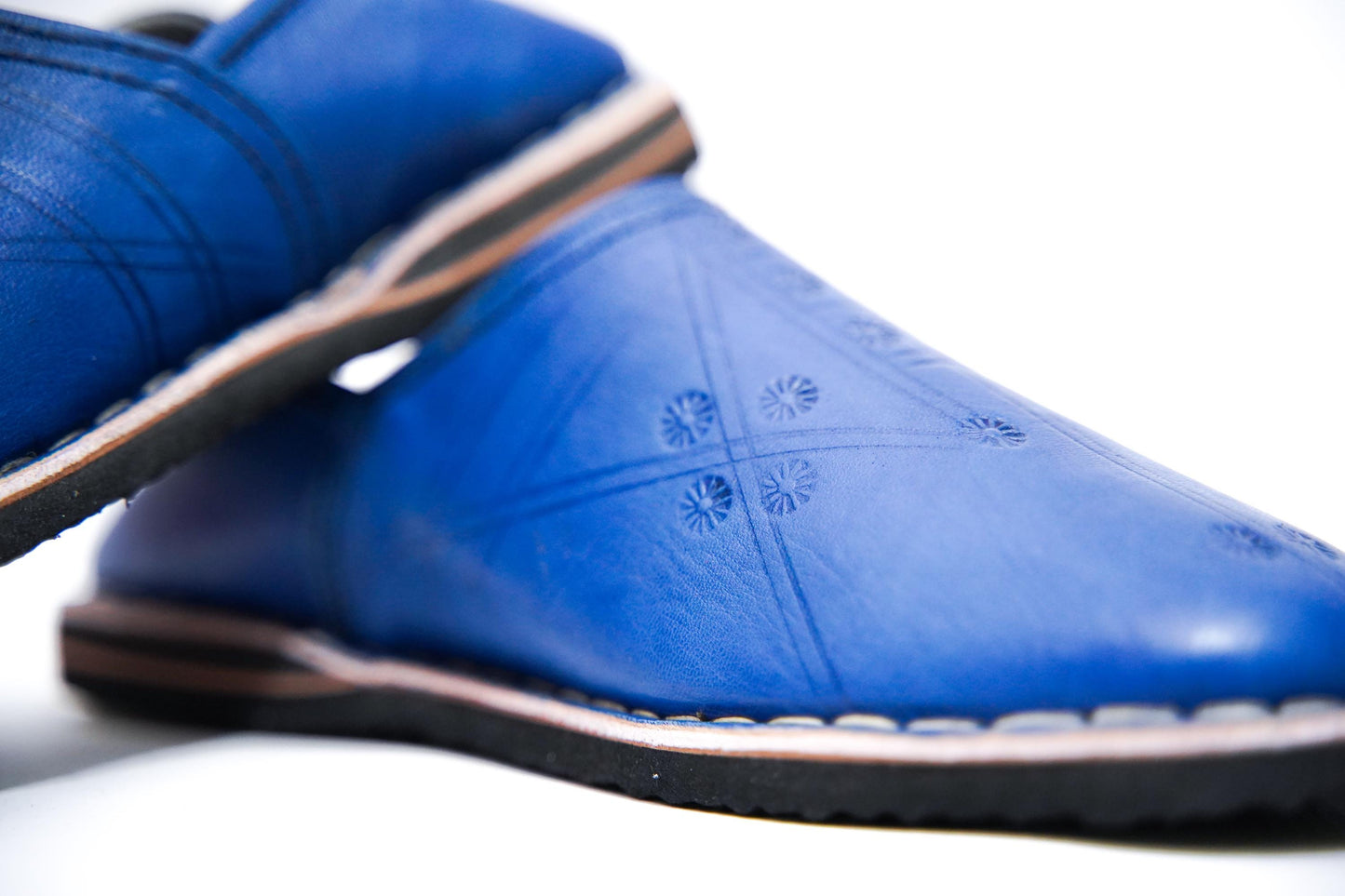 Handmade Moroccan Babouche Leather Slippers for Men, Organic Sheepskin Slip-Ons – Stylish Blue House Shoes