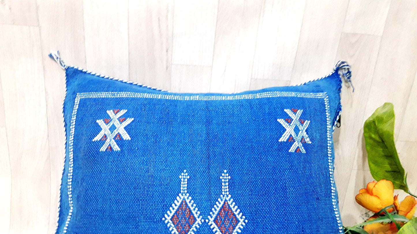 Cactus Silk Cushion Cover - Blue Sabra Pillow - Handmade Morocco Cushion