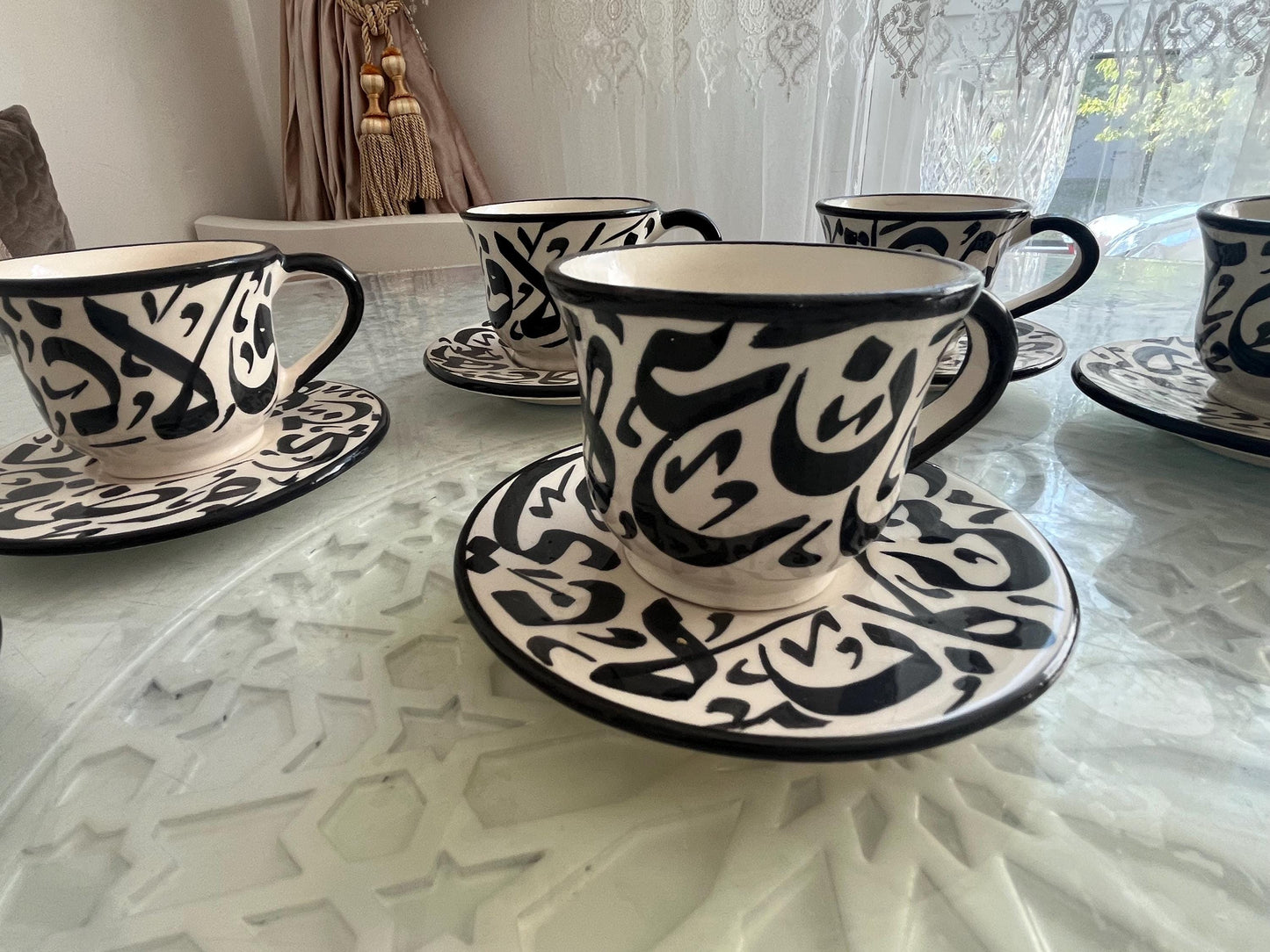 Set of 2 Cups and Saucers - Fes Ceramics - Morocco - Arabic Calligraphy - Moroccan Handicrafts - Beldi Chic Collection
