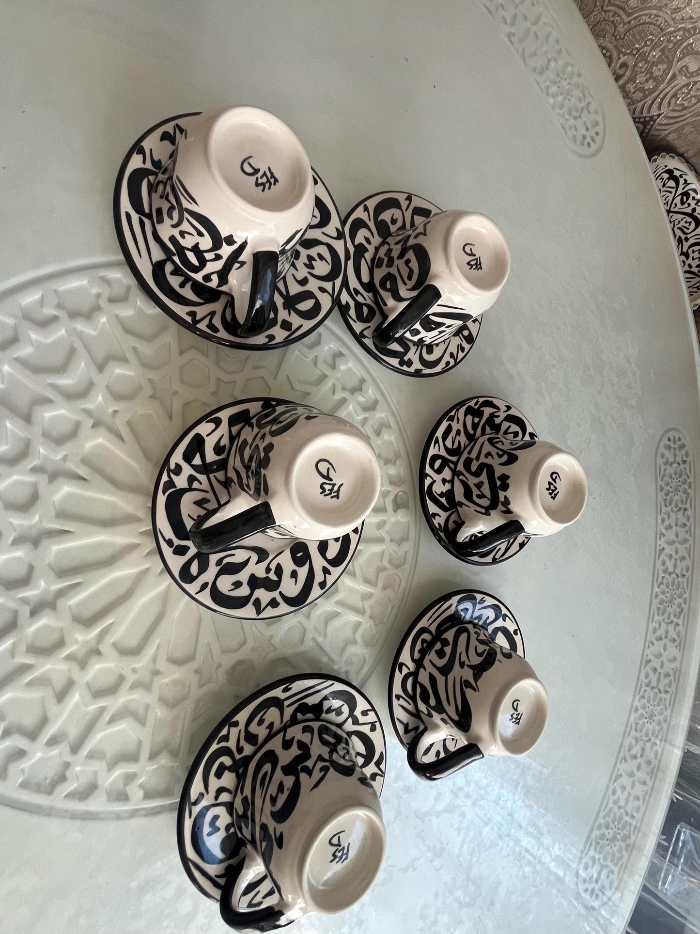 Set of 2 Cups and Saucers - Fes Ceramics - Morocco - Arabic Calligraphy - Moroccan Handicrafts - Beldi Chic Collection