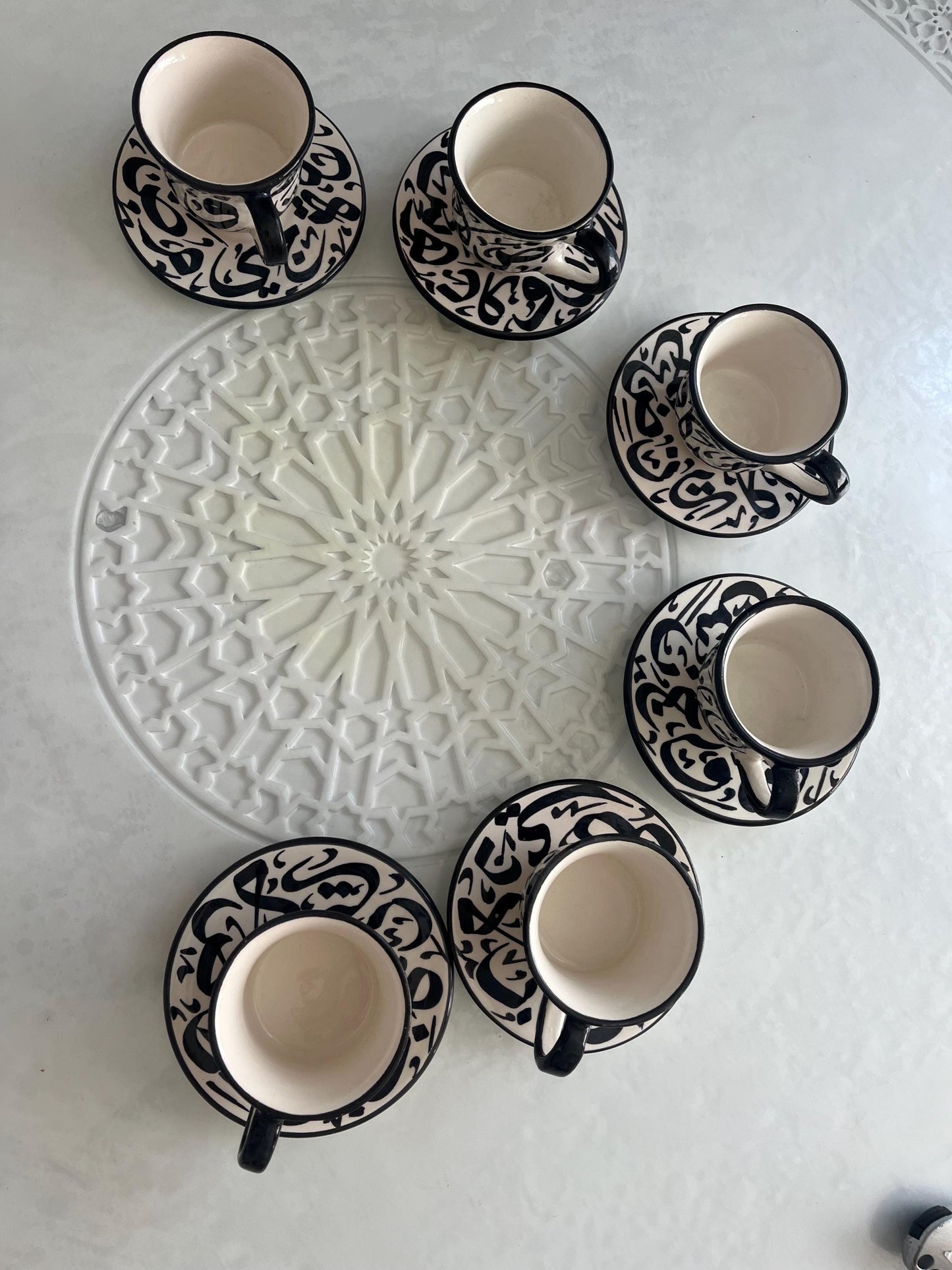 Set of 2 Cups and Saucers - Fes Ceramics - Morocco - Arabic Calligraphy - Moroccan Handicrafts - Beldi Chic Collection