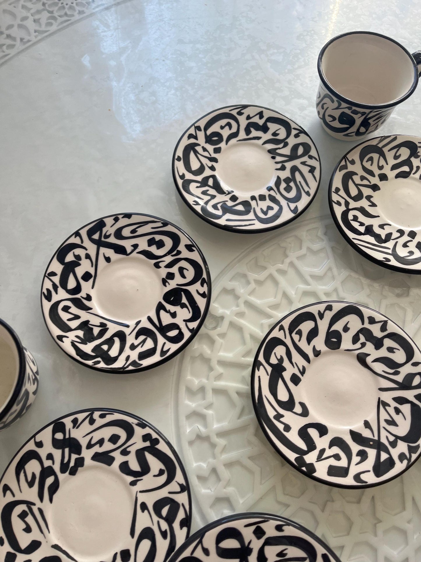 Set of 2 Cups and Saucers - Fes Ceramics - Morocco - Arabic Calligraphy - Moroccan Handicrafts - Beldi Chic Collection