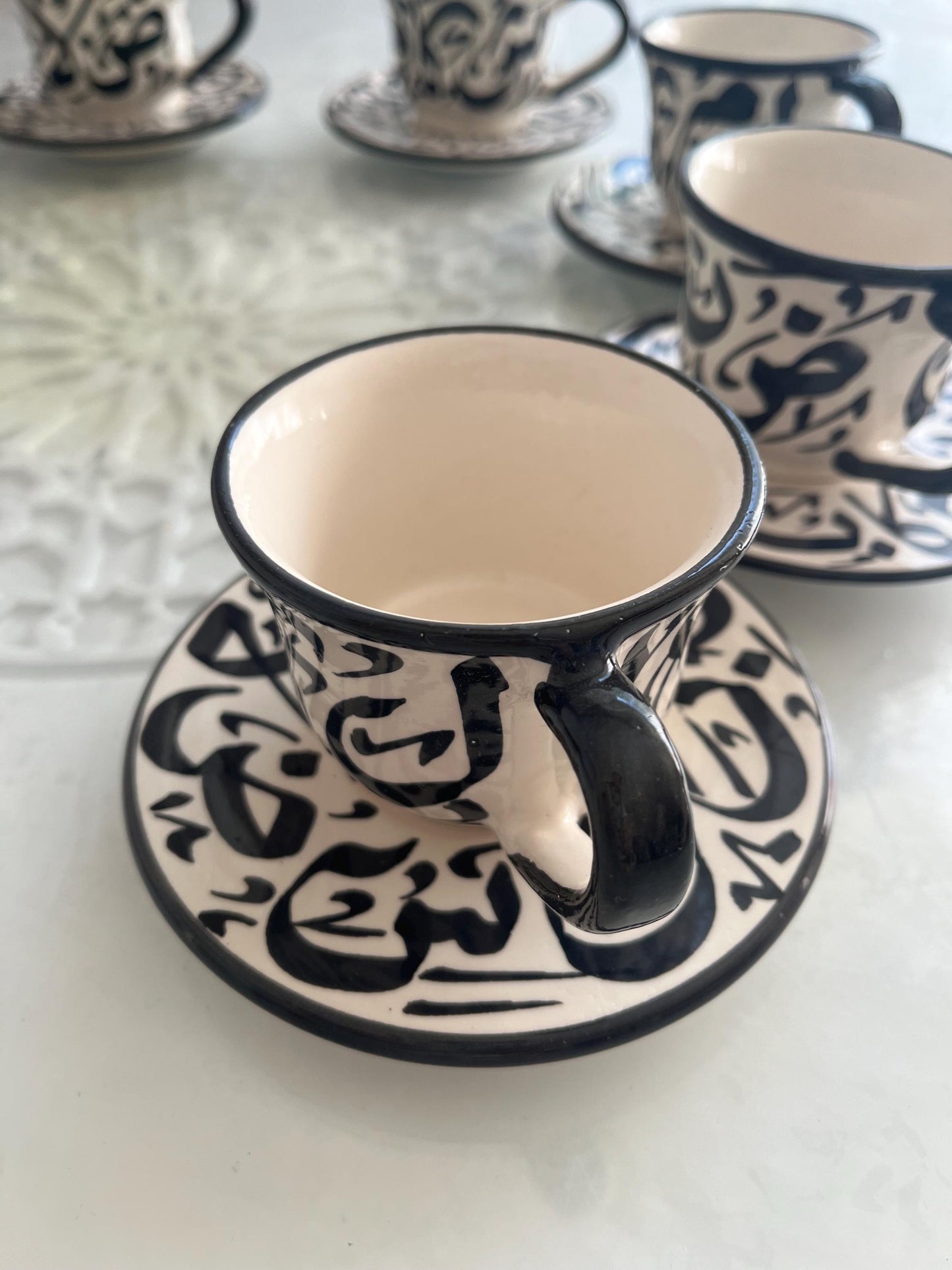 Set of 2 Cups and Saucers - Fes Ceramics - Morocco - Arabic Calligraphy - Moroccan Handicrafts - Beldi Chic Collection