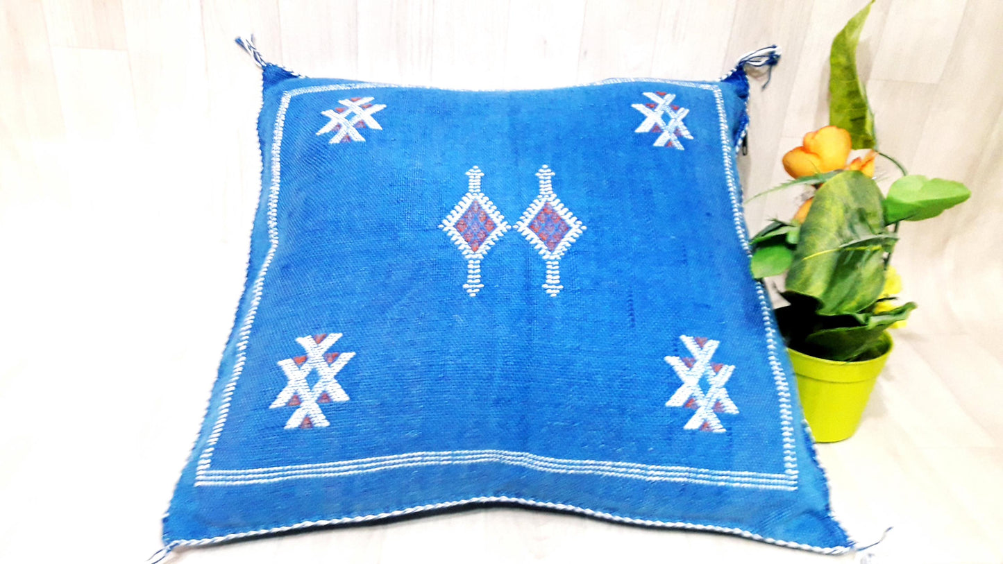 Cactus Silk Cushion Cover - Blue Sabra Pillow - Handmade Morocco Cushion