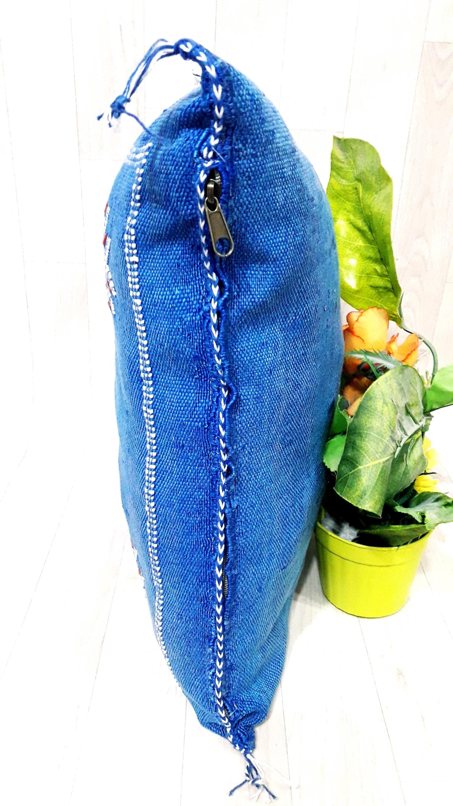 Cactus Silk Cushion Cover - Blue Sabra Pillow - Handmade Morocco Cushion