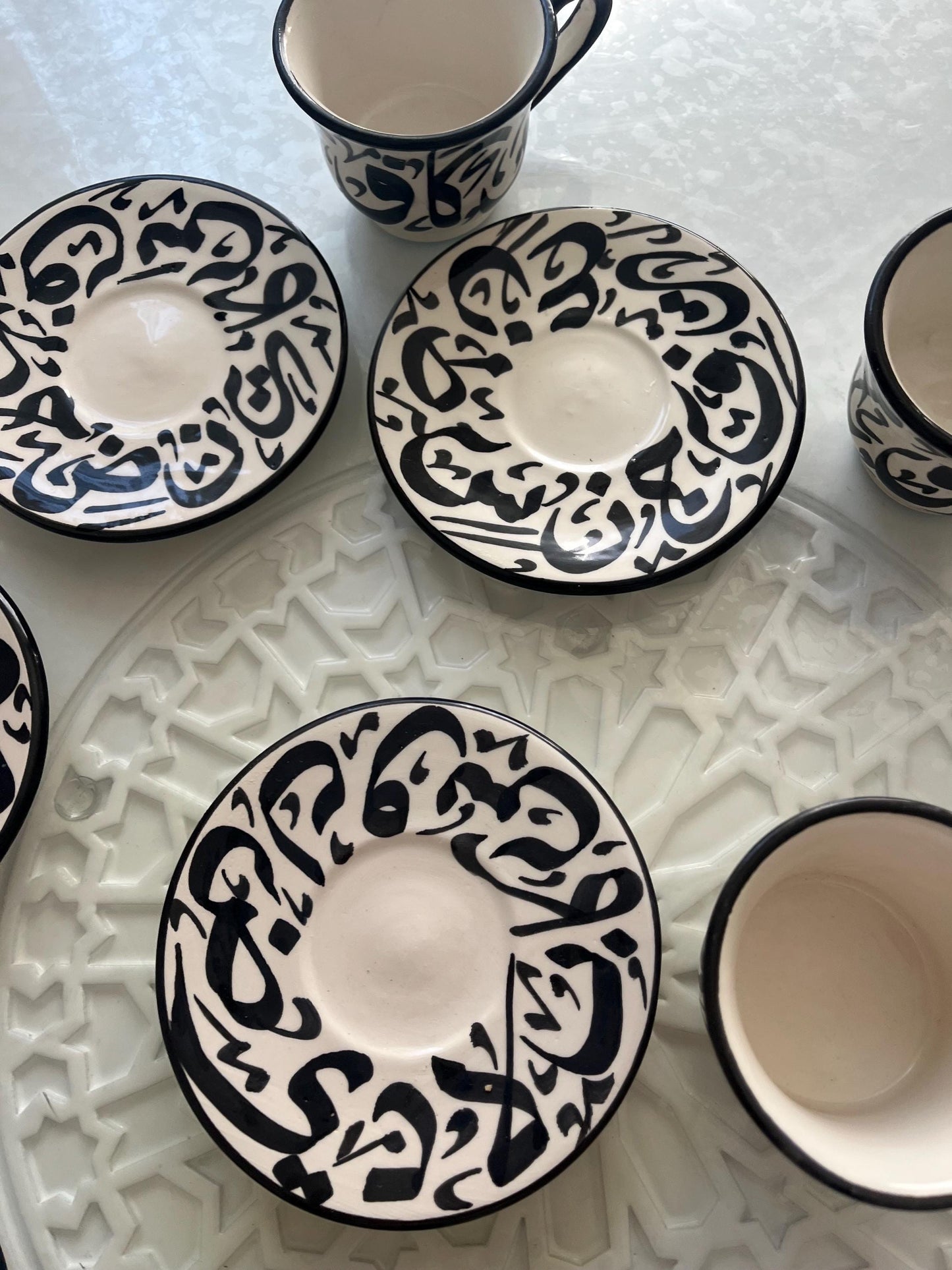 Set of 2 Cups and Saucers - Fes Ceramics - Morocco - Arabic Calligraphy - Moroccan Handicrafts - Beldi Chic Collection