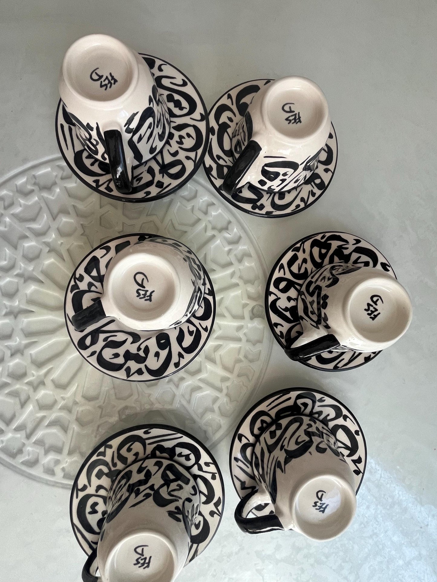 Set of 2 Cups and Saucers - Fes Ceramics - Morocco - Arabic Calligraphy - Moroccan Handicrafts - Beldi Chic Collection