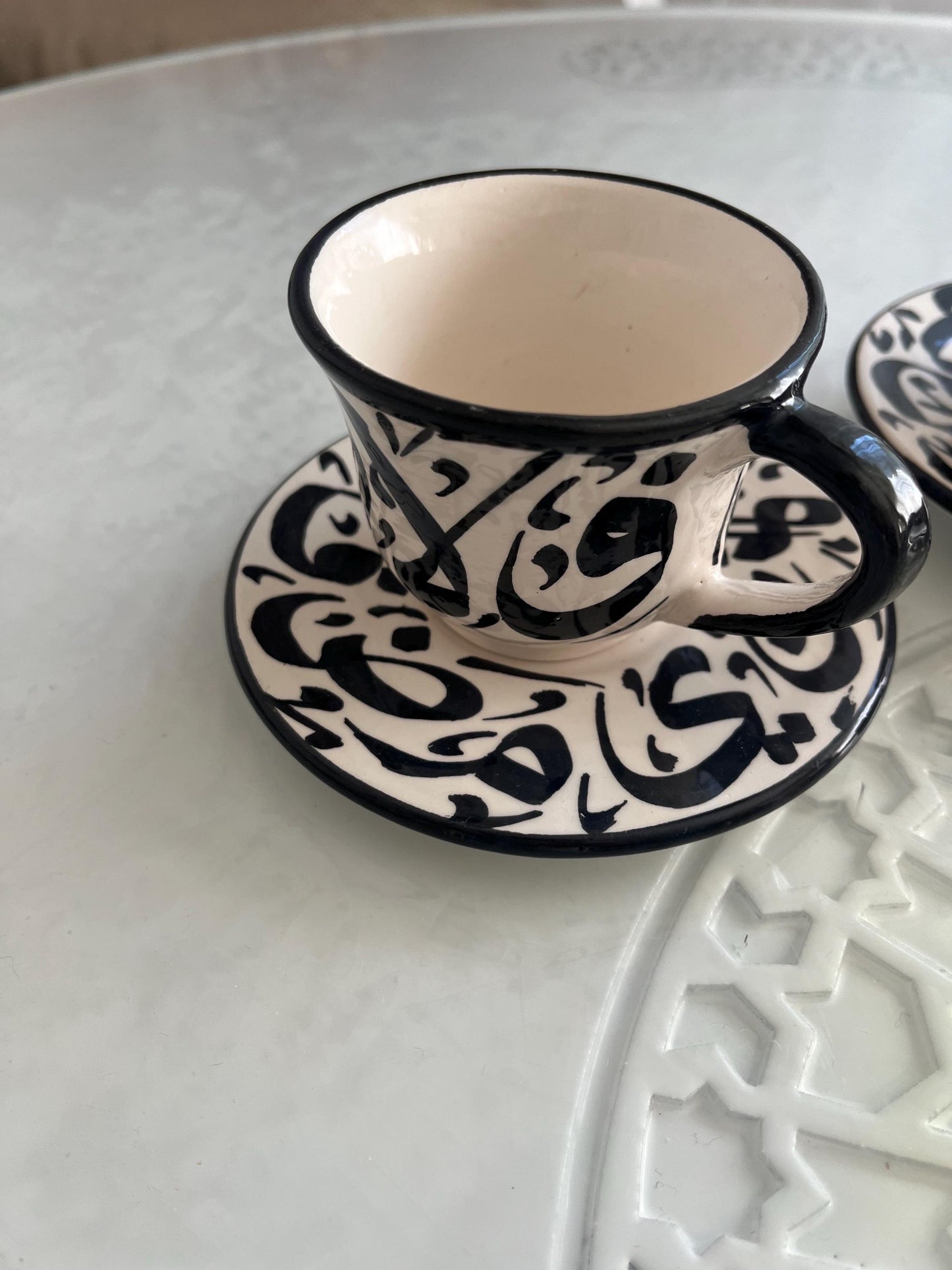 Set of 2 Cups and Saucers - Fes Ceramics - Morocco - Arabic Calligraphy - Moroccan Handicrafts - Beldi Chic Collection