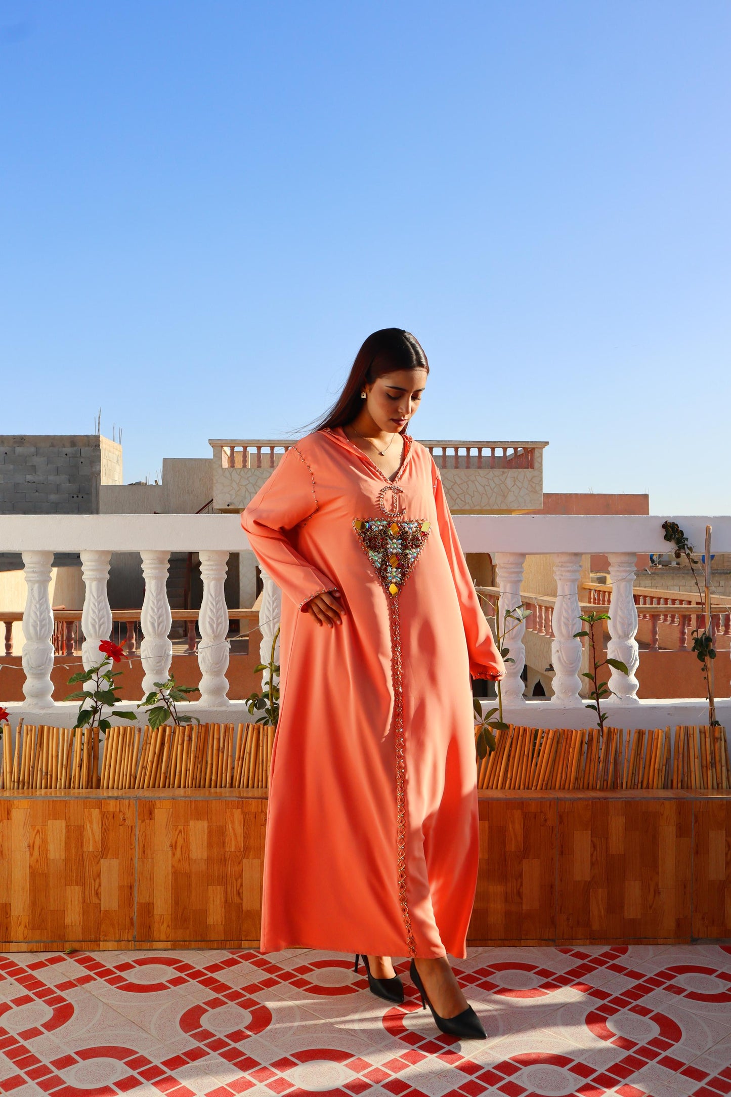Beautiful Peach Amazigh Kaftan Dress, Luxury Kaftan, Women'S Kaftan Dress with Head Cover, Moroccan and African Style Abaya