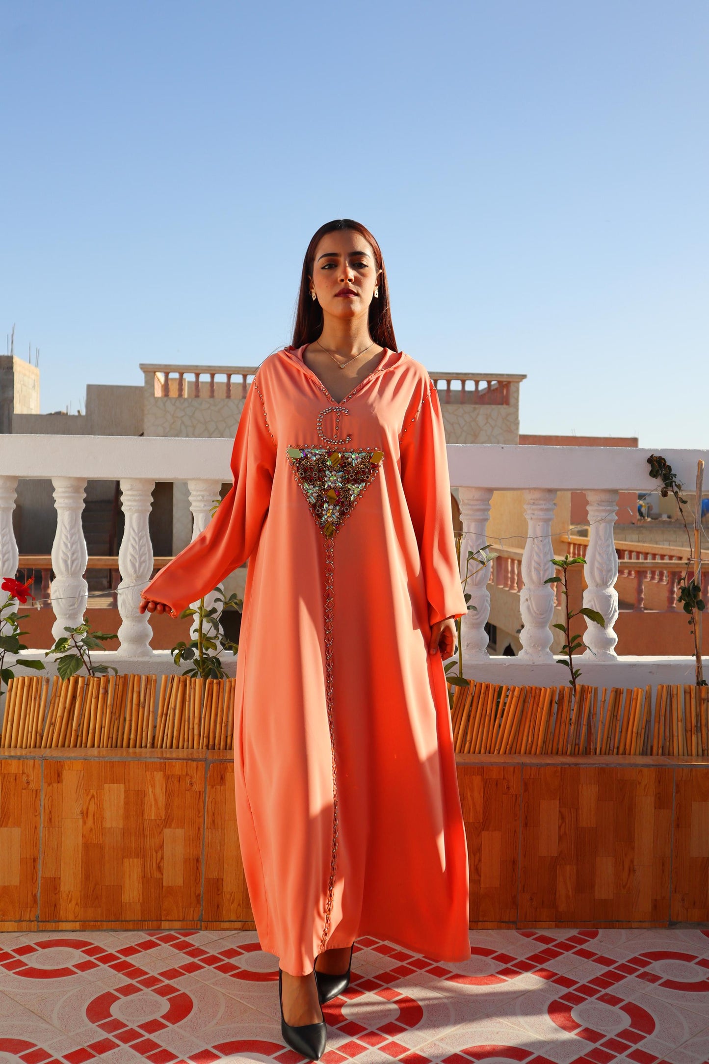 Beautiful Peach Amazigh Kaftan Dress, Luxury Kaftan, Women'S Kaftan Dress with Head Cover, Moroccan and African Style Abaya